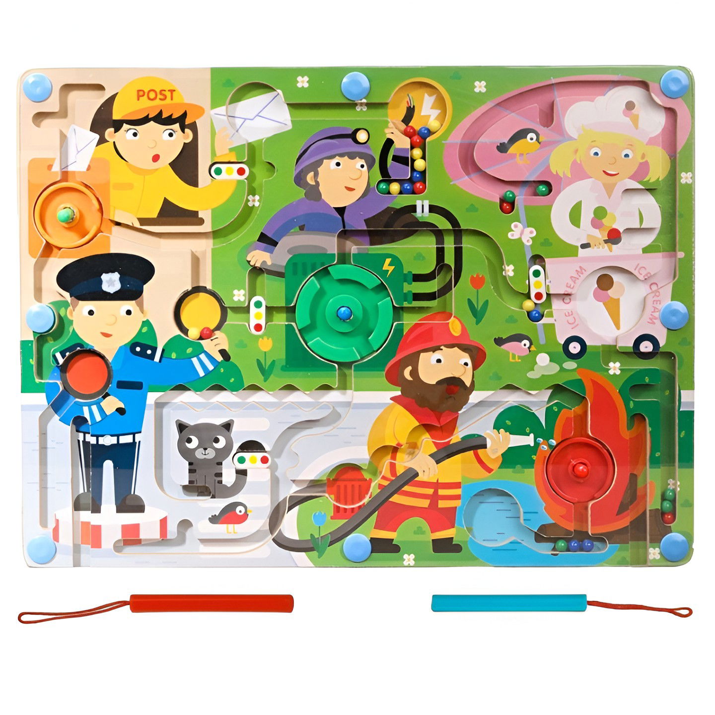 Jucarii din lemn - Joc Montessori de Sortare Culori, Flippy, Creion Magnetic, Tip Labirint Ilustrat, din Lemn, Model Meserii, 39x29x1.5 cm