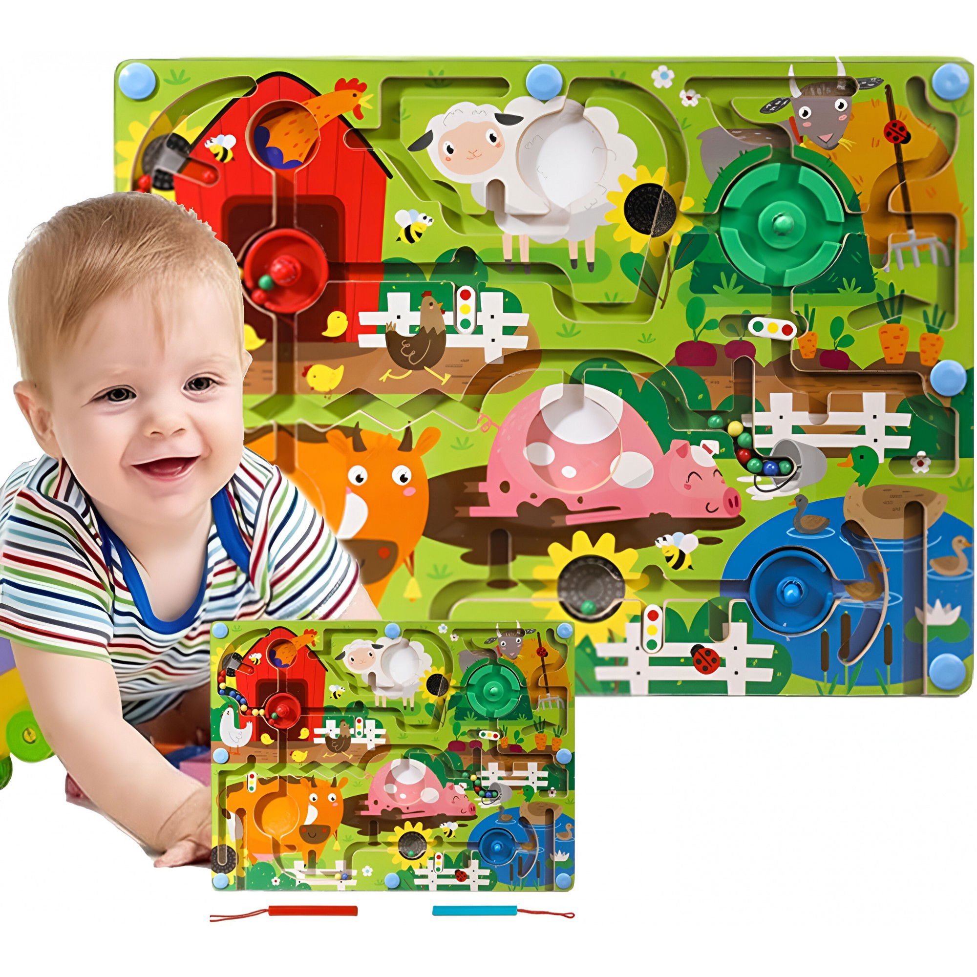 Joc Montessori de Sortare Culori, Flippy, Creion Magnetic, Tip Labirint Ilustrat, din Lemn, Model Ferma, 39x29x1.5 cm [9]