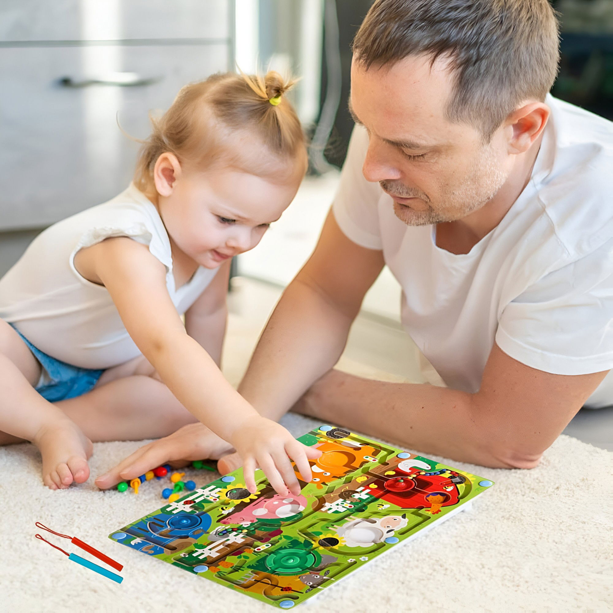 Joc Montessori de Sortare Culori, Flippy, Creion Magnetic, Tip Labirint Ilustrat, din Lemn, Model Ferma, 39x29x1.5 cm [8]