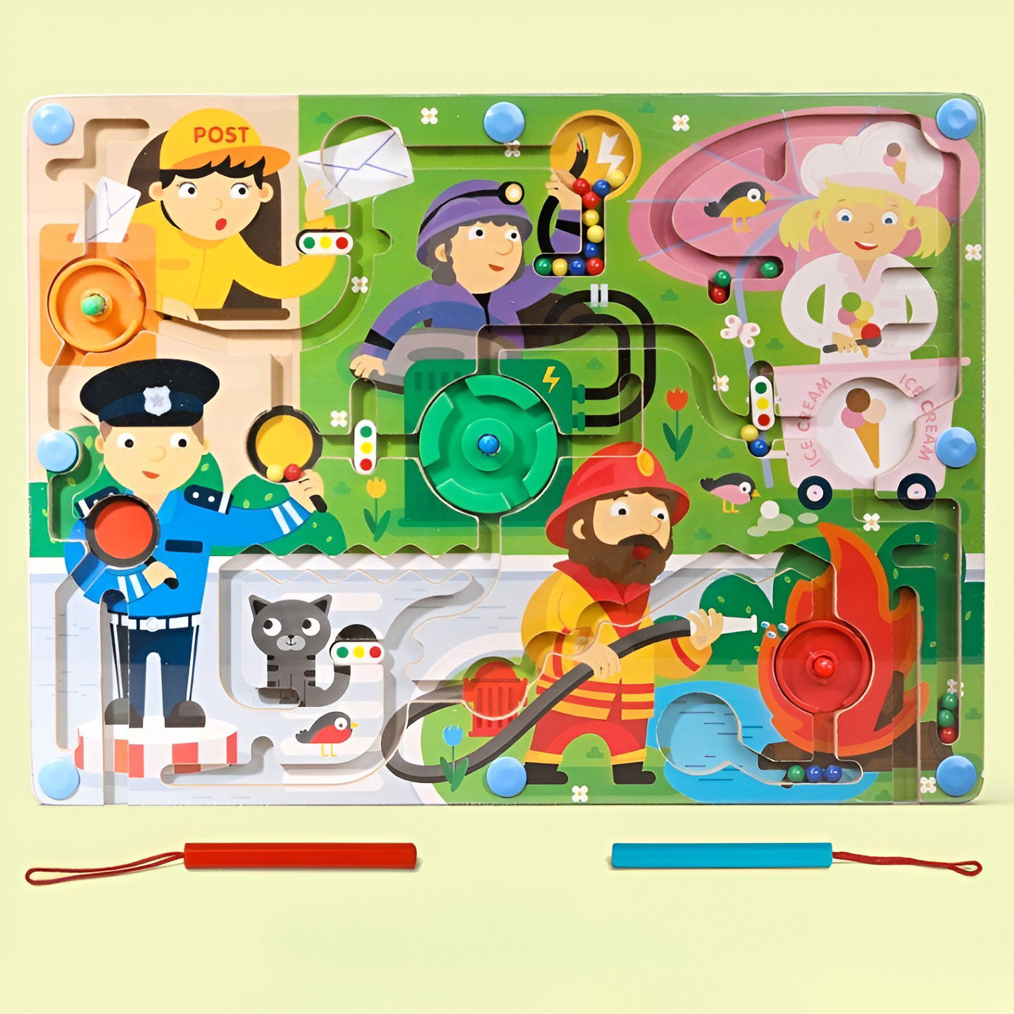 Joc Montessori de Sortare Culori, Flippy, Creion Magnetic, Tip Labirint Ilustrat, din Lemn, Model Meserii, 39x29x1.5 cm [3]