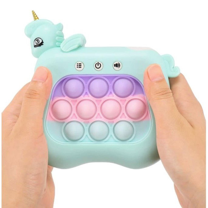 Jucarii - Jucarie Interactiva Tip Consola pentru Copii, Flippy, 12 Nivele, Diferite Moduri de Joc, Material ABS/silicon, cu Nivele, Sunete si Lumini, 13.5 x 5.5 x 12.5 cm, Model Unicorn, Albastru