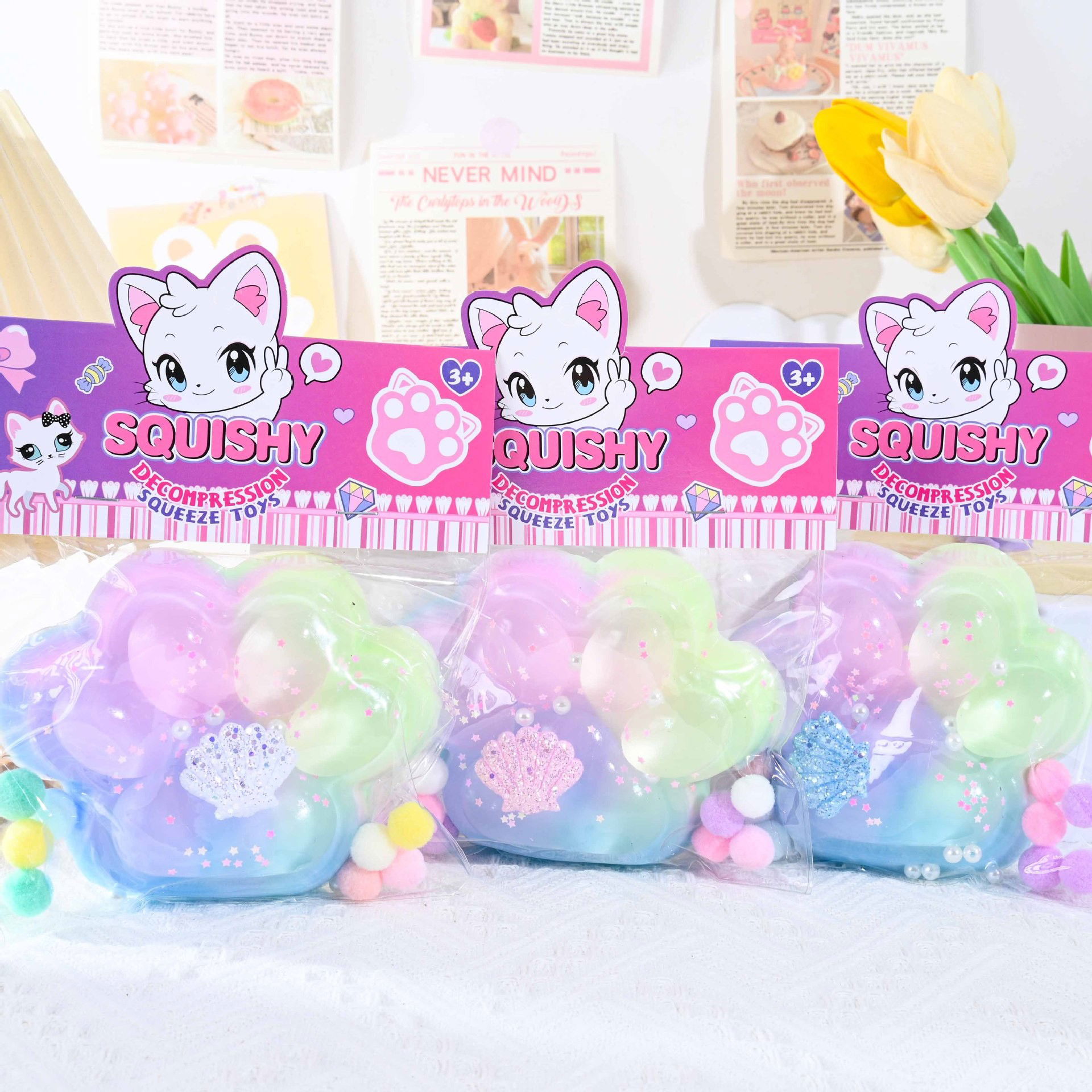 Jucarii Squishy si Gonggi - Jucarie Antistres Squishy, Flippy, Labuta de Pisica Squeeze Toys, cu Revenire Lenta, 7.5 cm, Model 270531, Multicolor