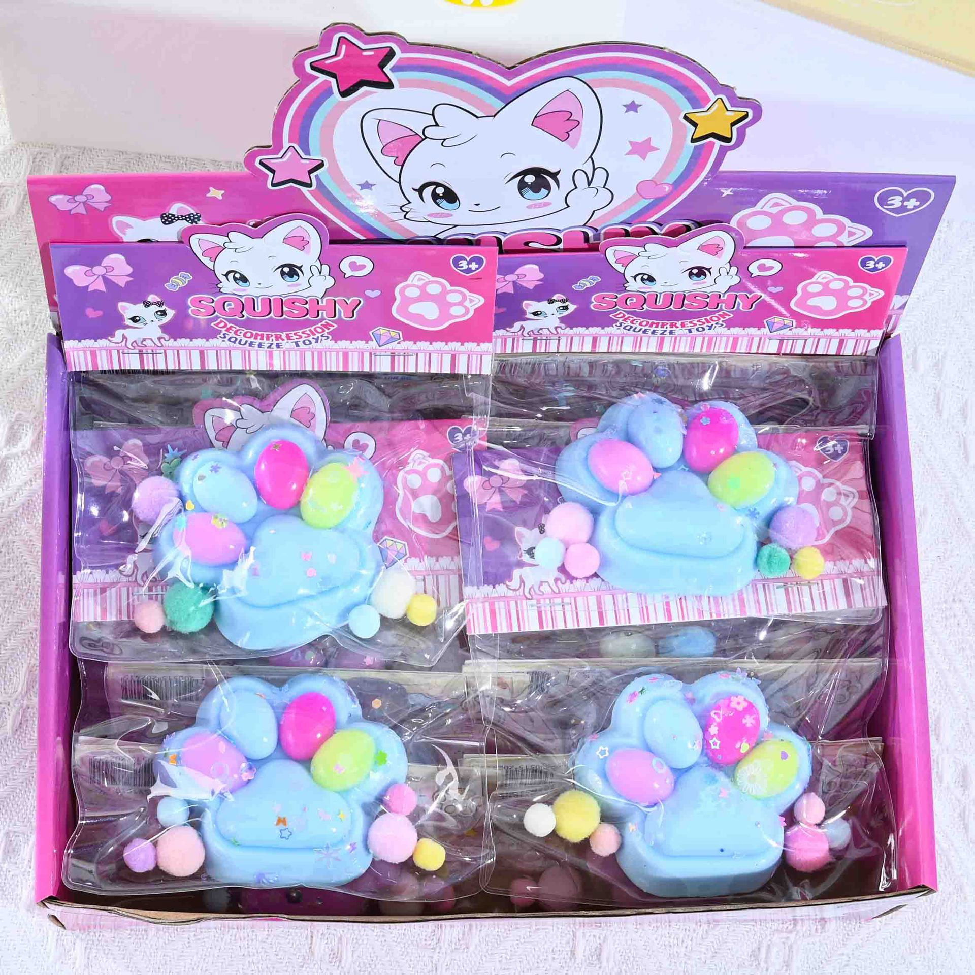 Jucarii Squishy si Gonggi - Jucarie Antistres Squishy, Flippy, cu Revenire Lenta, Labuta de Pisica Pufoasa, 7.5 cm, Ambalaj Transparent, Model 270510, Multicolor