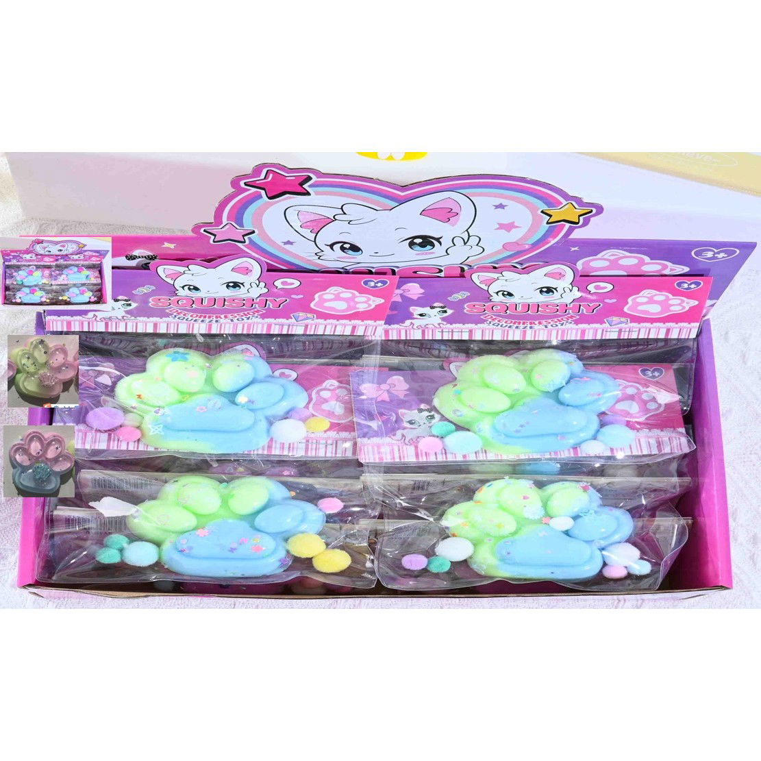 Jucarii Squishy si Gonggi - Jucarie Antistres Squishy, Flippy, cu Revenire Lenta, Labuta de Pisica Pufoasa, 7.5 cm, Ambalaj Transparent, Model 27059, Multicolor