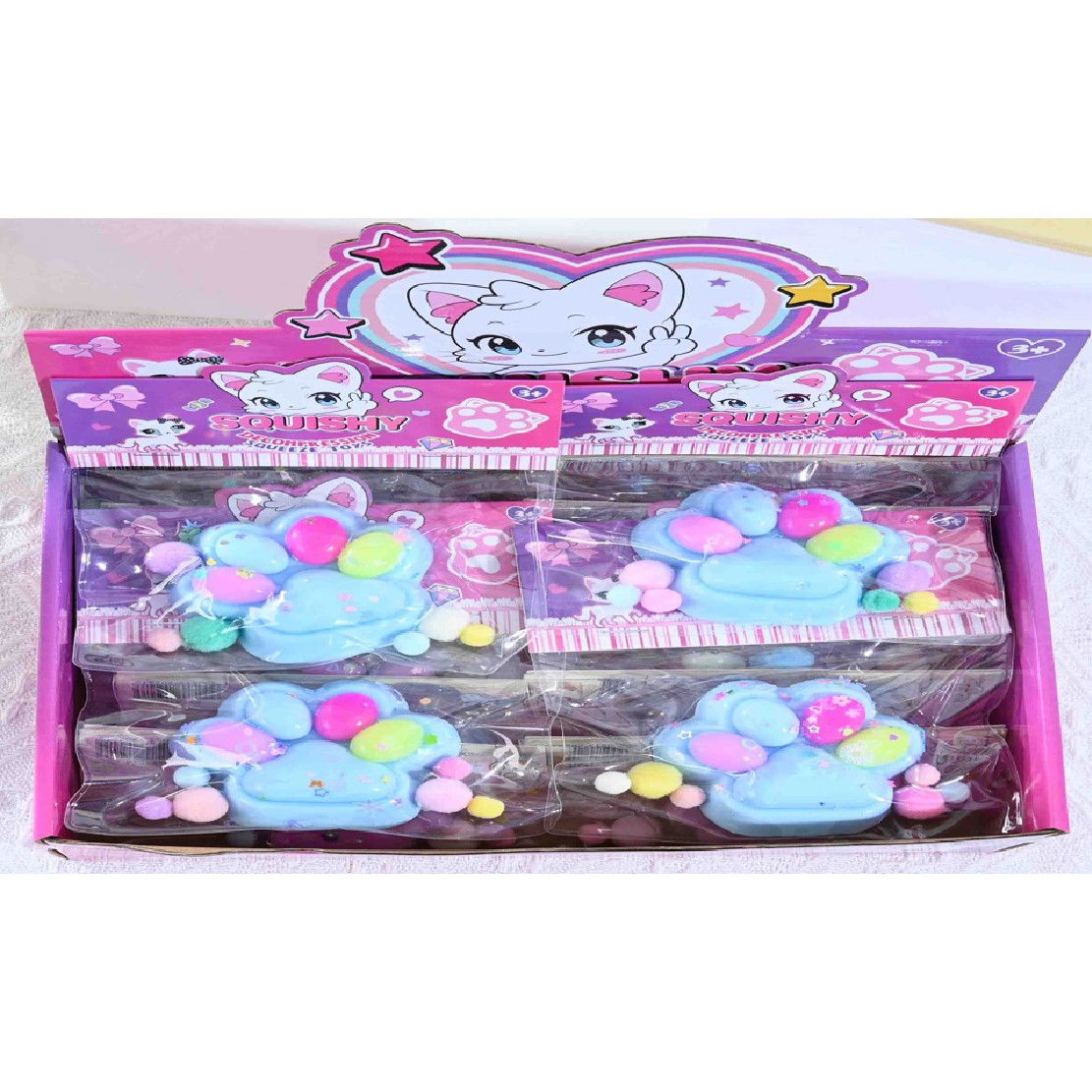 Jucarii Squishy si Gonggi - Jucarie Antistres Squishy, Flippy, cu Revenire Lenta, Labuta de Pisica Pufoasa, 7.5 cm, Ambalaj Transparent, Model 270510, Multicolor