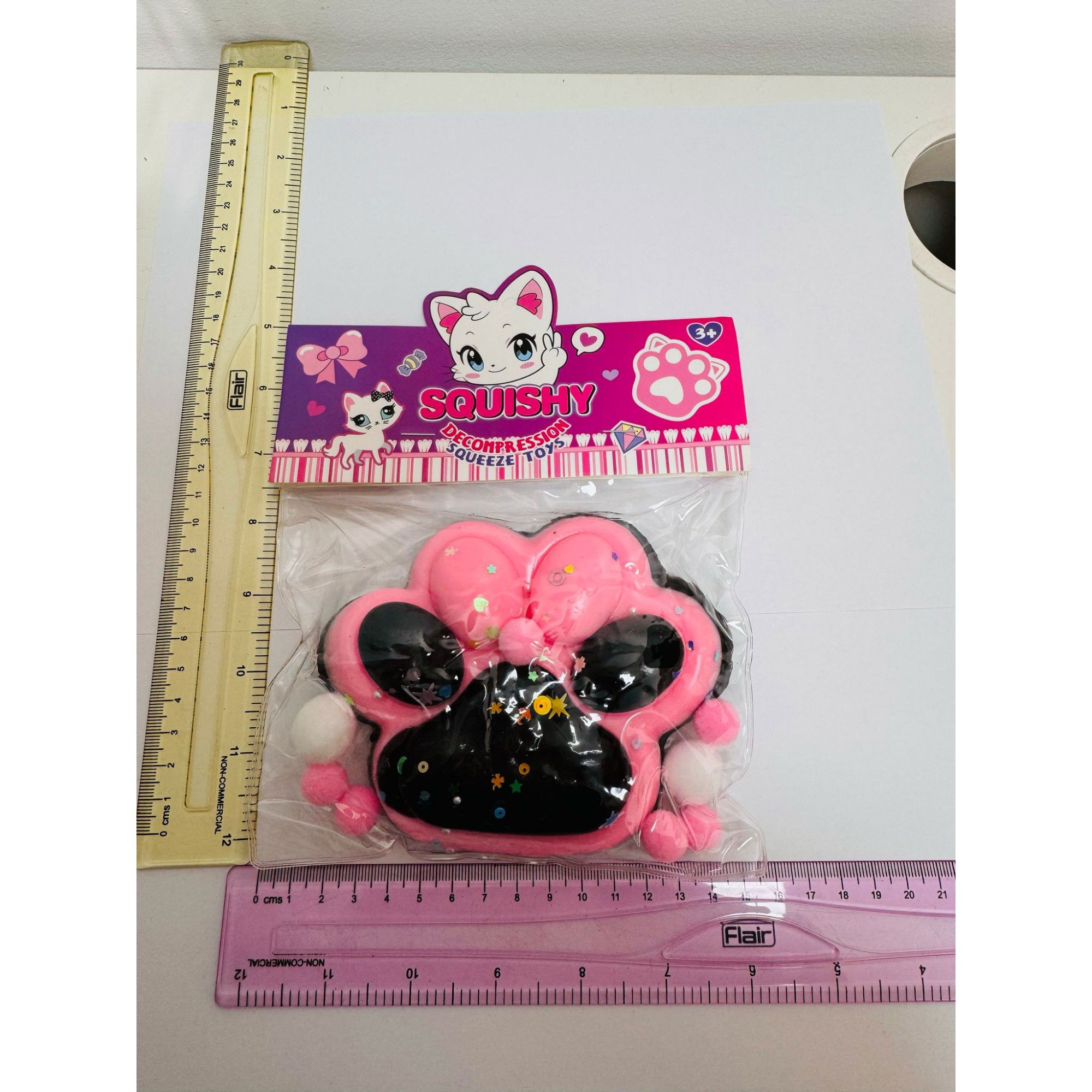 Jucarie Antistres Squishy, Flippy, cu Revenire Lenta, Model Labuta de Pisica, cu Stelute, 12 cm, 220g, Pinch Family, Ambalaj Transparent, Roz Negru [3]