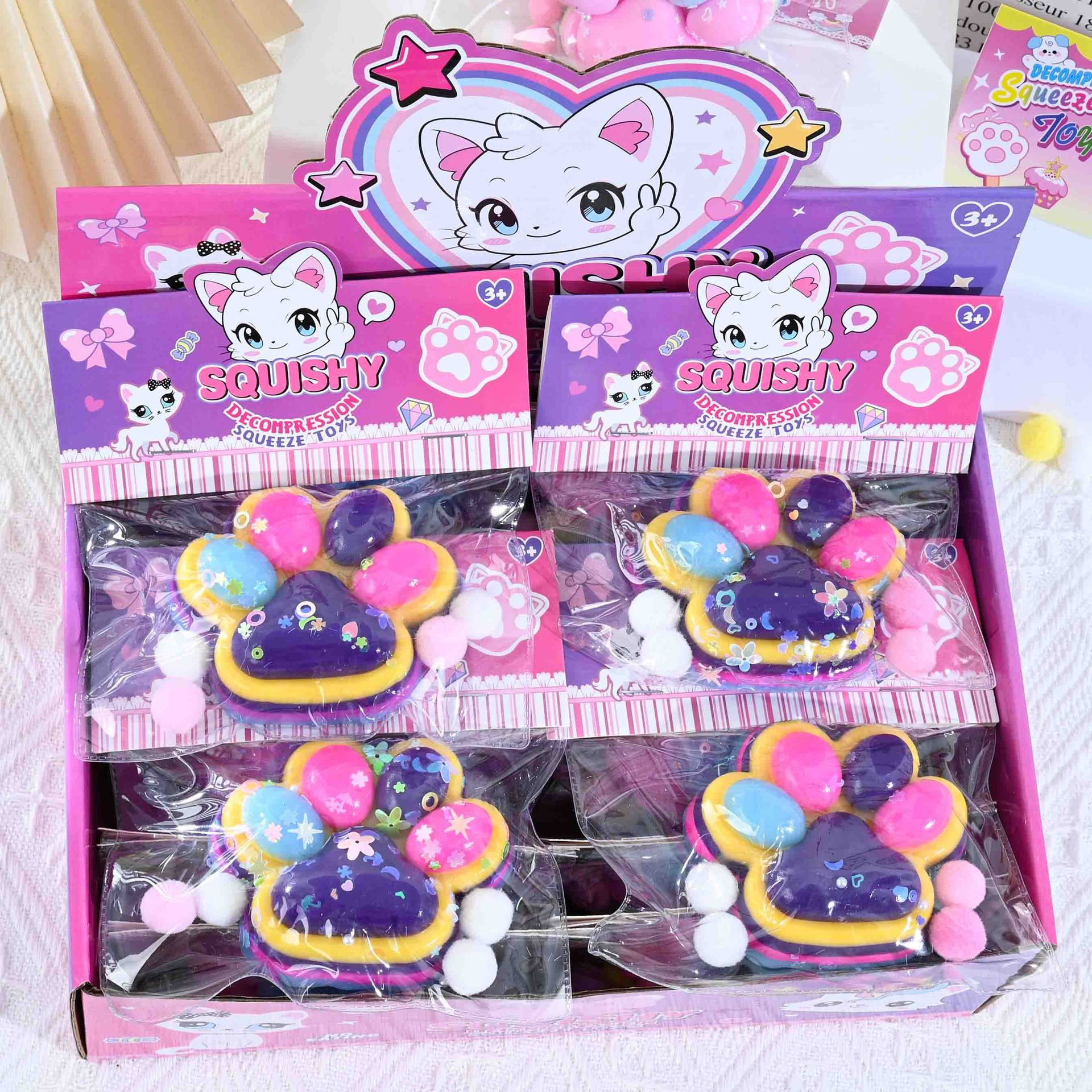 Jucarii Squishy si Gonggi - Jucarie Antistres Squishy, Flippy, cu Revenire Lenta, Labuta de Pisica Pufoasa, 7.5 cm, Ambalaj Transparent, Model 27051, Multicolor