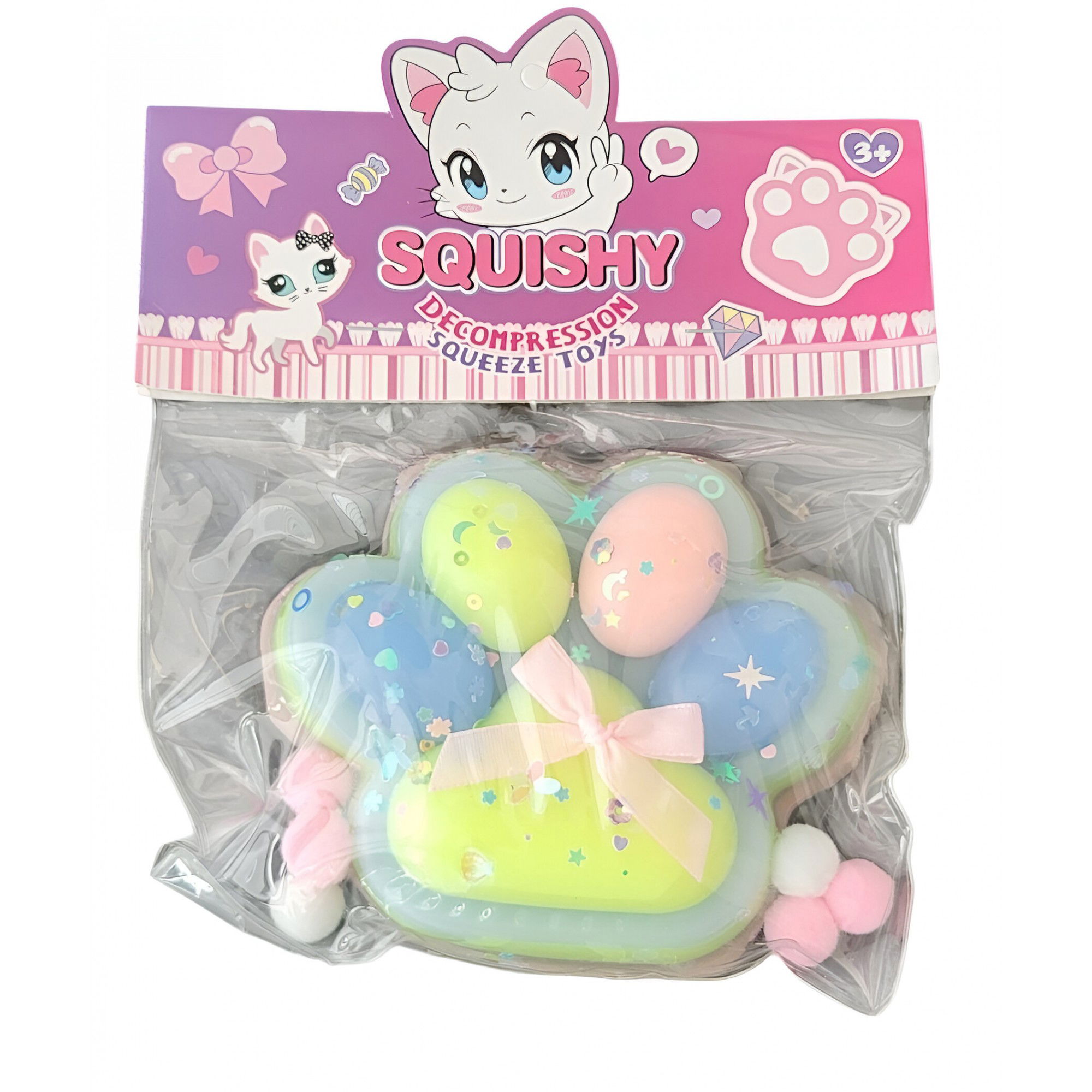 Jucarii Squishy si Gonggi - Jucarie Antistres Squishy, Flippy, cu Revenire Lenta, Model Labuta de Pisica Pufoasa, 12.5x10.5 cm, 220g, Squeeze Pinch Family, Multicolor Albastru