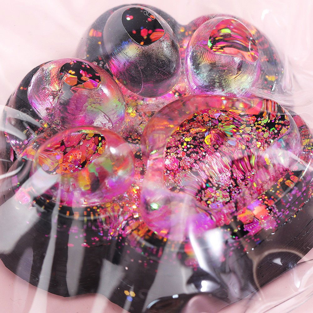 Jucarie Antistres Squishy, Flippy, cu Revenire Lenta, Squeeze Pinch Family, Model Labuta de Pisica cu Sclipici, 6.5x6 cm, 60g, Ambalaj Transparent, Roz-Negru [3]