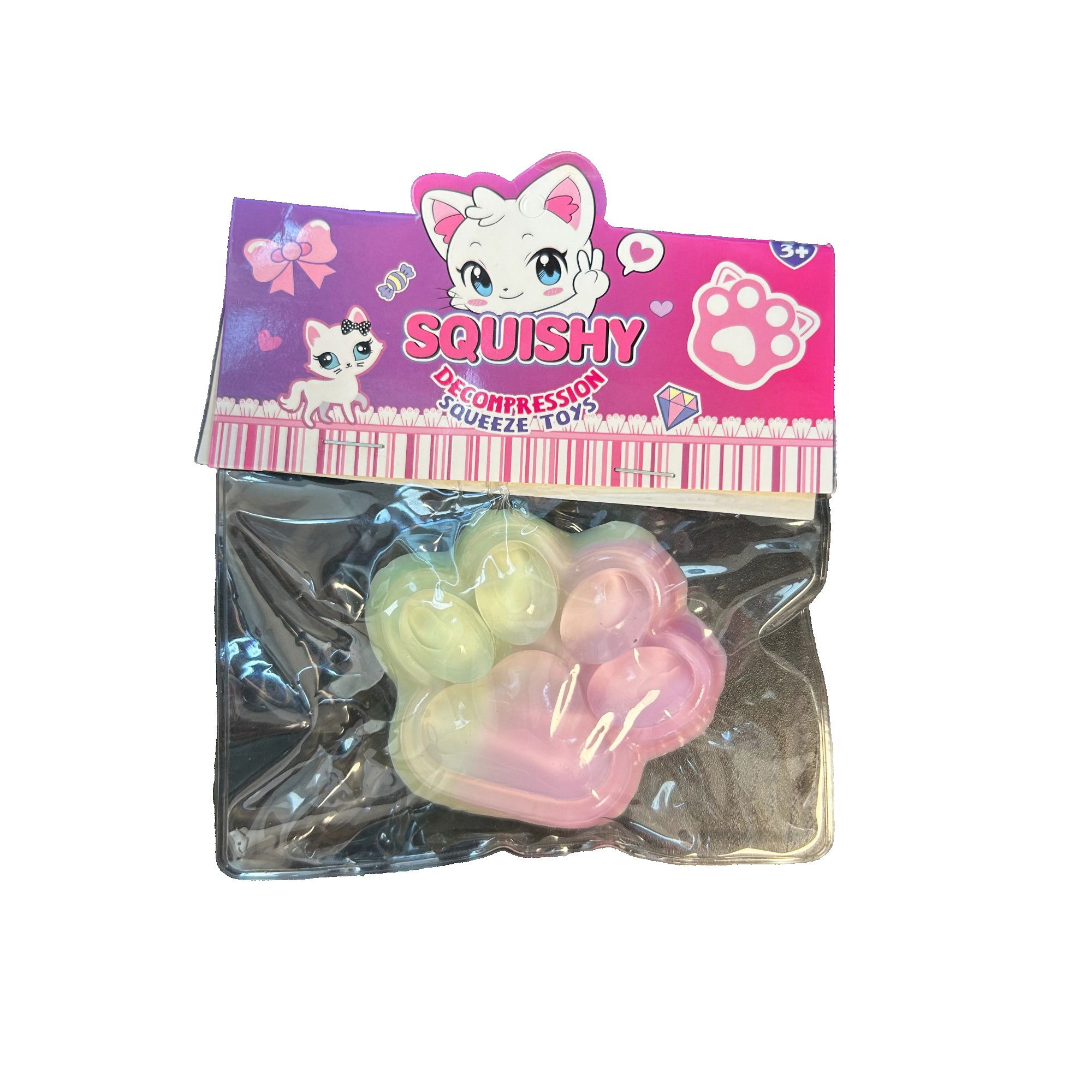 Jucarii Squishy si Gonggi - Jucarie Antistres Squishy, Flippy, cu Revenire Lenta, Labuta de Pisica Pufoasa, 7.5 cm, Ambalaj Transparent, Model 270511, Multicolor