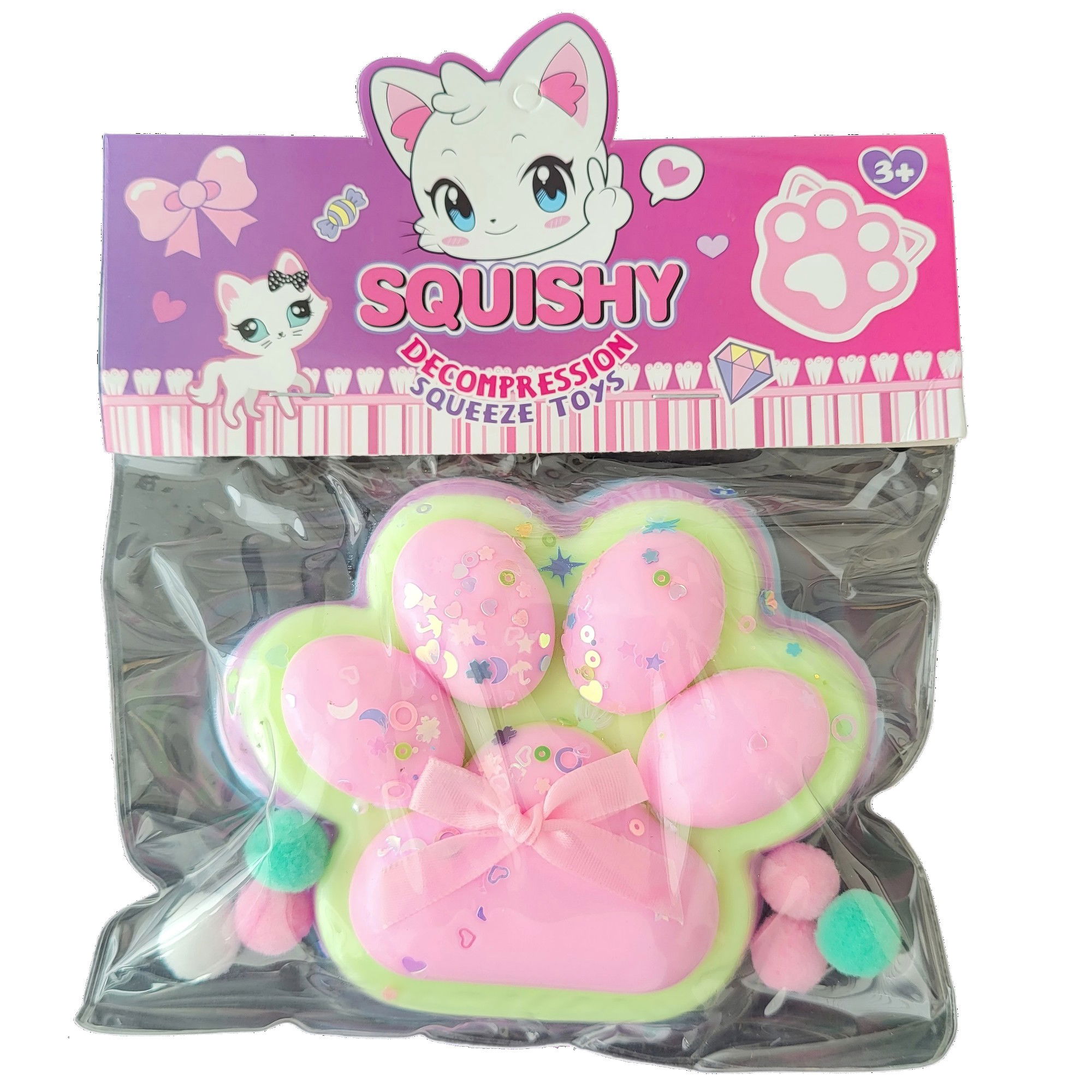Jucarii Squishy si Gonggi - Jucarie Antistres Squishy, Flippy, cu Revenire Lenta, Model Labuta de Pisica Pufoasa, 12.5x10.5 cm, 200g, Squeeze Pinch Family, Ambalaj Transparent, Roz Curcubeu