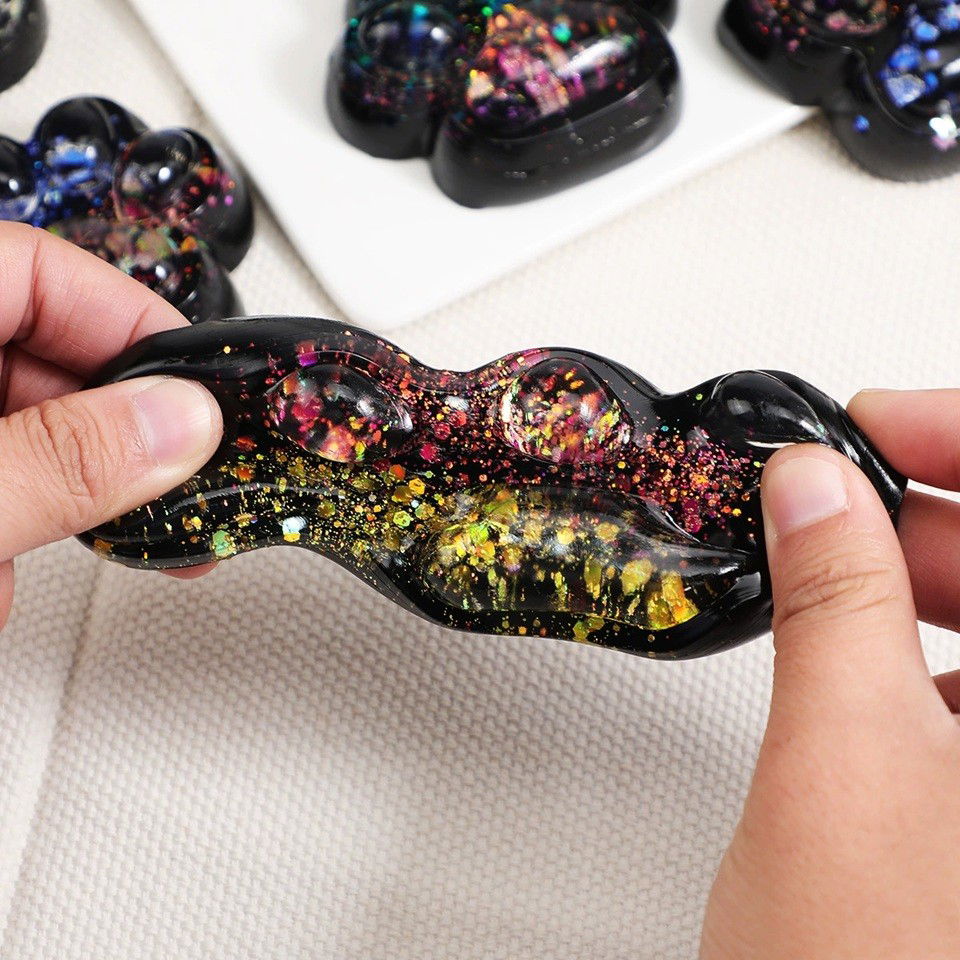 Jucarie Antistres Squishy, Flippy, cu Revenire Lenta, Model Cat Paw, Squeeze Pinch Family, 6.5 x 6 cm, din Tpr, 4-6 Ani, Model 2 Figurine, Negru cu Insertii [3]