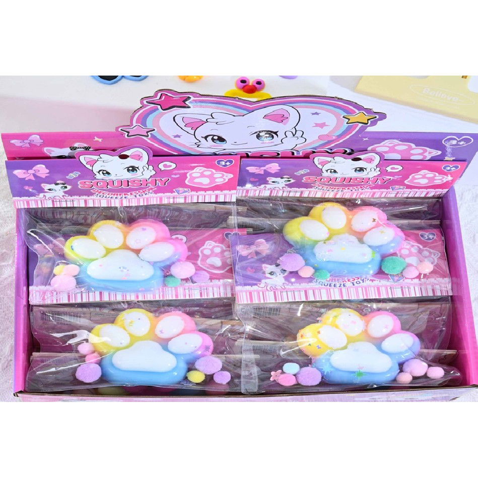 Jucarii Squishy si Gonggi - Jucarie Antistres Squishy, Flippy, cu Revenire Lenta, Labuta de Pisica Pufoasa, 7.5 cm, Ambalaj Transparent, Model 27058, Multicolor