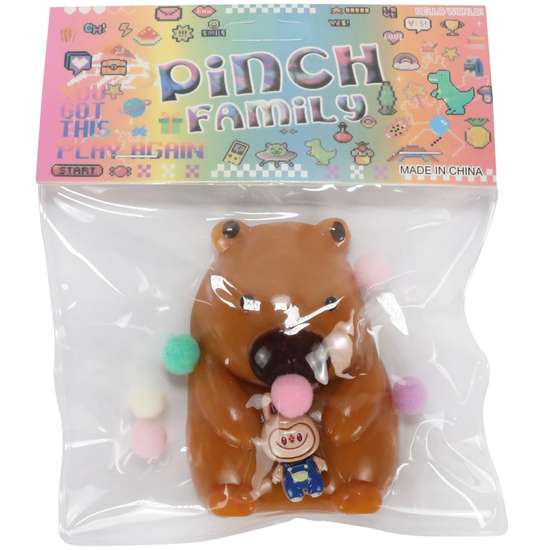 Jucarii Squishy si Gonggi - Jucarie Antistres Squishy, Flippy, cu Revenire Lenta, Squeeze Pinch Family, Model Urs, Ambalaj Transparent, 4.5 x 7.2 cm, Maro
