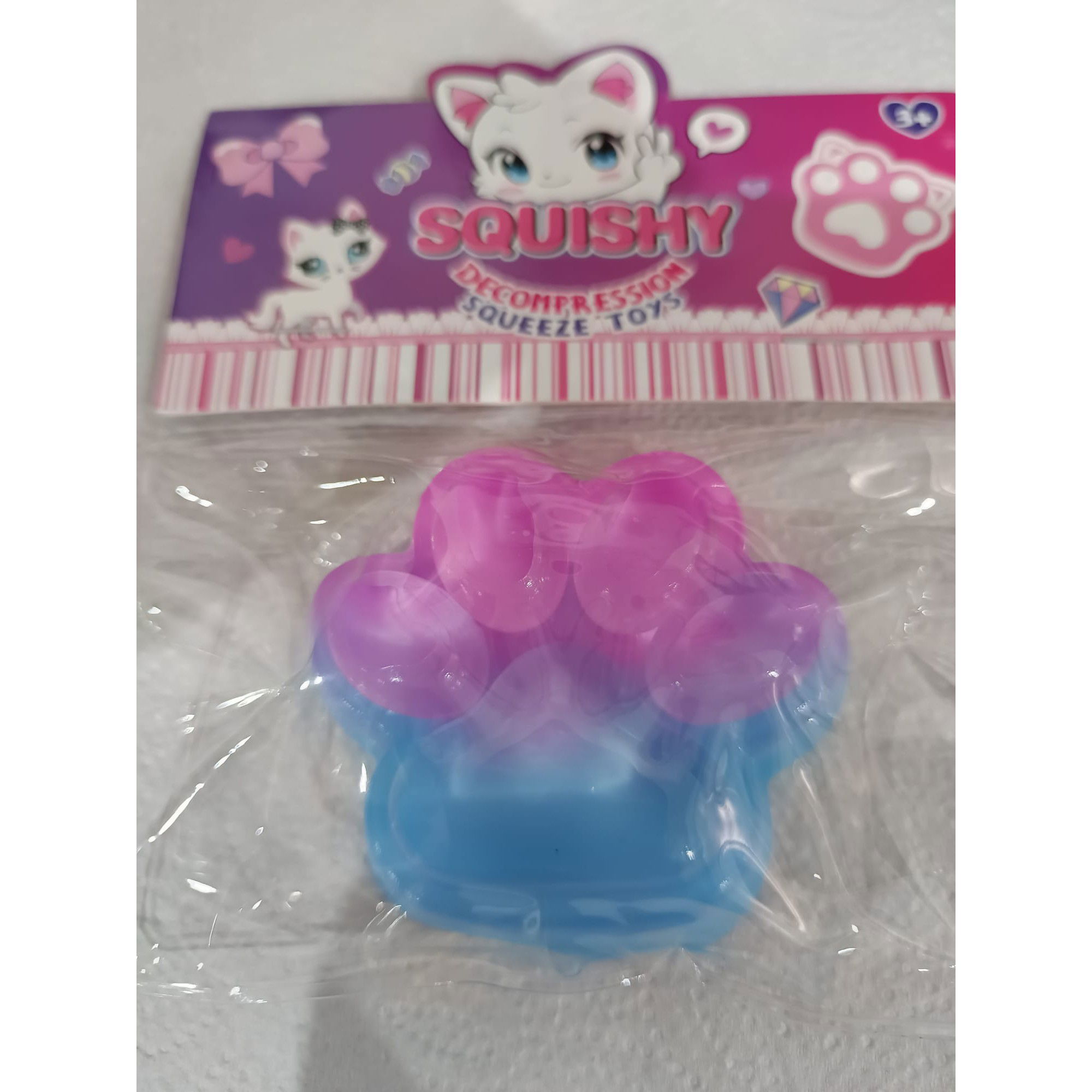 Jucarii Squishy si Gonggi - Jucarie Antistres Squishy, Flippy, cu Revenire Lenta, Labuta de Pisica Pufoasa, 7.5 cm, Ambalaj Transparent, Model 270512, Albastru/Roz
