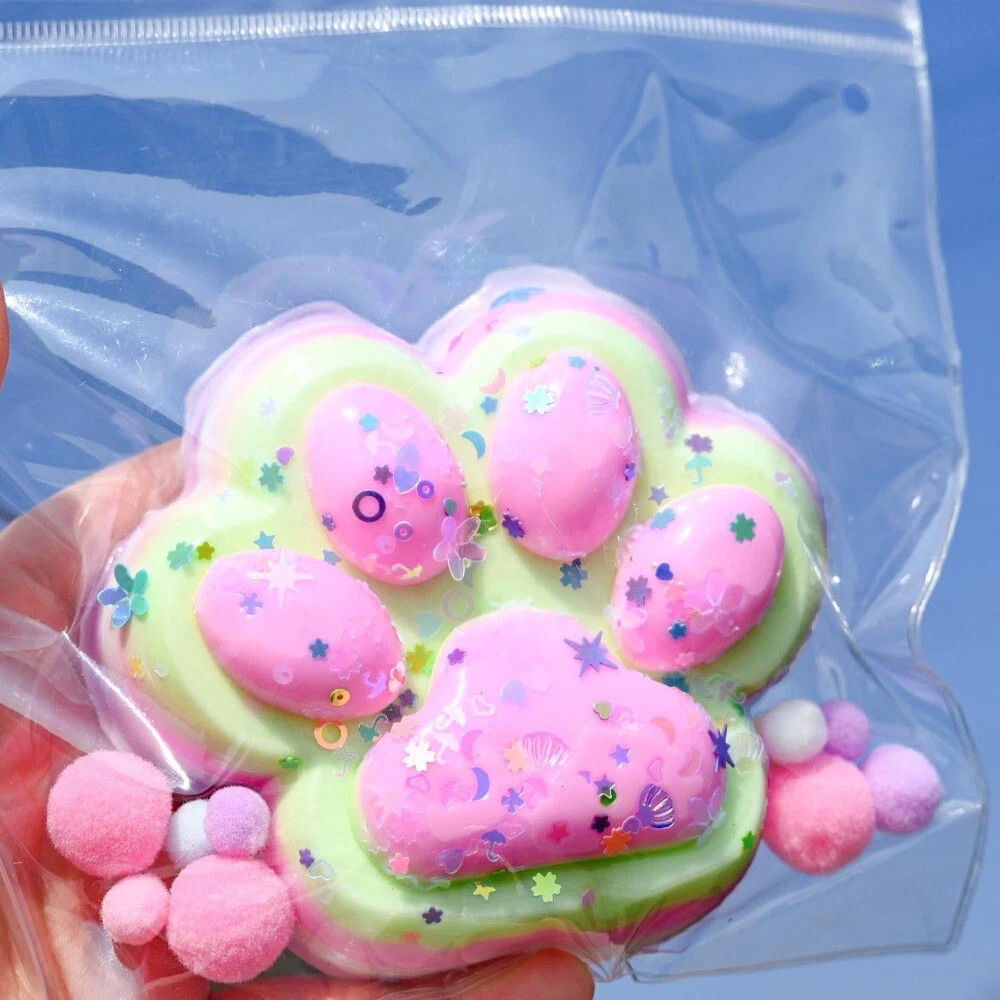 Jucarii Squishy si Gonggi - Jucarie Antistres Squishy, Flippy, Revenire Lenta, Model Labuta de Pisica, Squishy, BIG 12.5 x 10.5 cm, 220 g, Model 22, Roz Verde