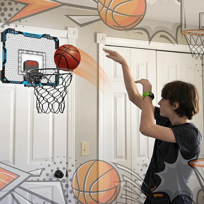 Jucarii interactive - Cos de Baschet pentru Copii, Flippy, cu Tablou de Bord Electronic, Minge, Pompa, 2 Moduri, Interior/Exterior, Inel Metalic si Rabatabil cu Arc, Luminos, 41x31x5 cm, Multicolor