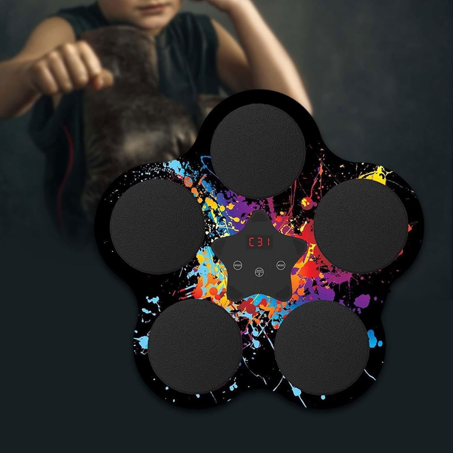 Jucarii interactive - Jucarie de Boxat cu Muzica si Lumini, Flippy, Bluetooth, Incarcare USB, Aplicare cu Ventuze, 5 Tinte, 40x38x8 cm, 930 g, Negru