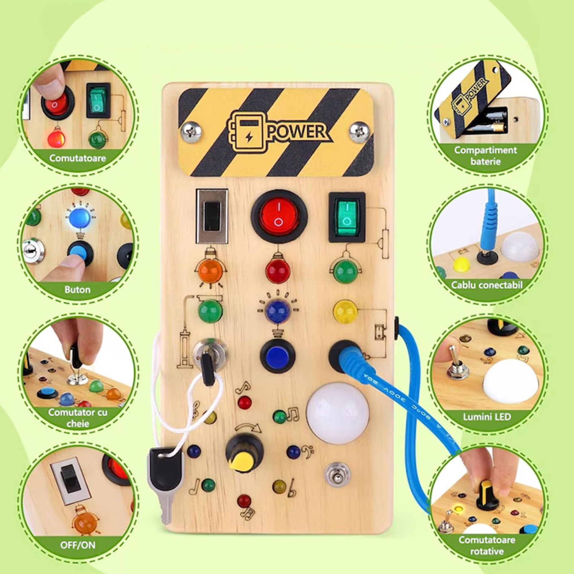 Jucarie Educativa Montessori pentru Copii, Flippy, Model Busy Board, Tableta din Lemn cu Circuit Luminos, 36 Comutatoare, Lumini LED, 19,5 x 9,7 x 3 cm, Lemn Natur [4]