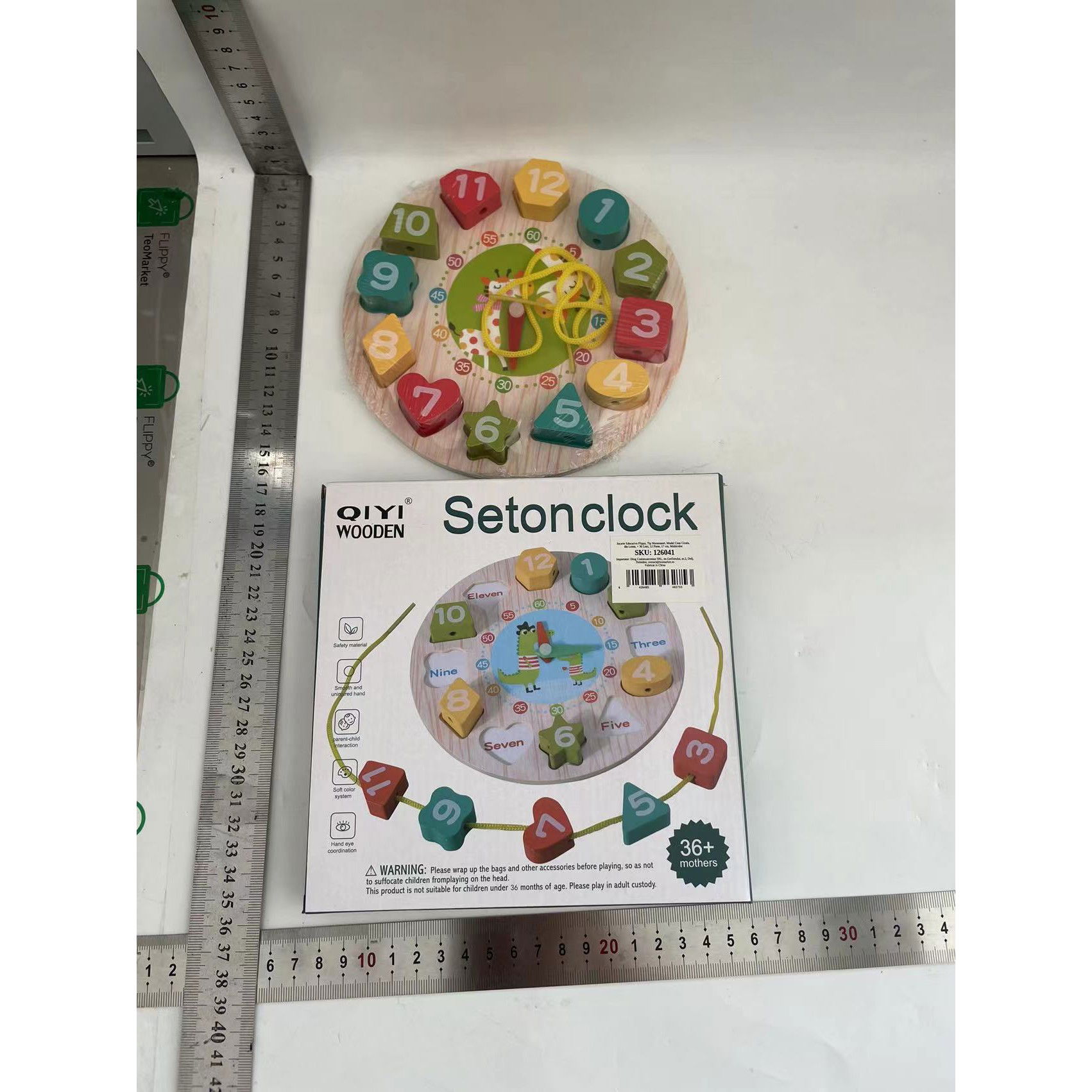 Jucarie Educativa Flippy, Tip Montessori, Model Ceas Girafa, din Lemn, + 36 Luni, 12 Piese, 17 cm, Multicolor [8]