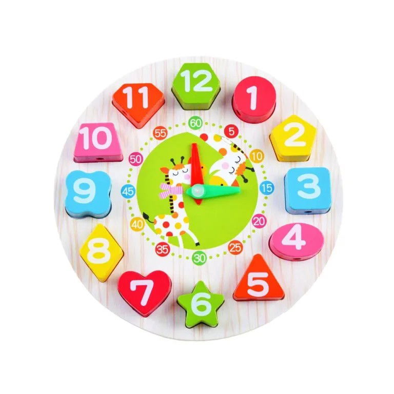 Jucarii din lemn - Jucarie Educativa Flippy, Tip Montessori, Model Ceas Girafa, din Lemn, + 36 Luni, 12 Piese, 17 cm, Multicolor