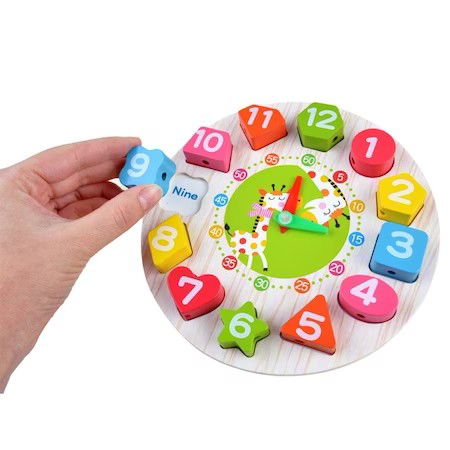 Jucarii din lemn - Jucarie Educativa Flippy, Tip Montessori, Model Ceas Girafa, din Lemn, + 36 Luni, 12 Piese, 17 cm, Multicolor