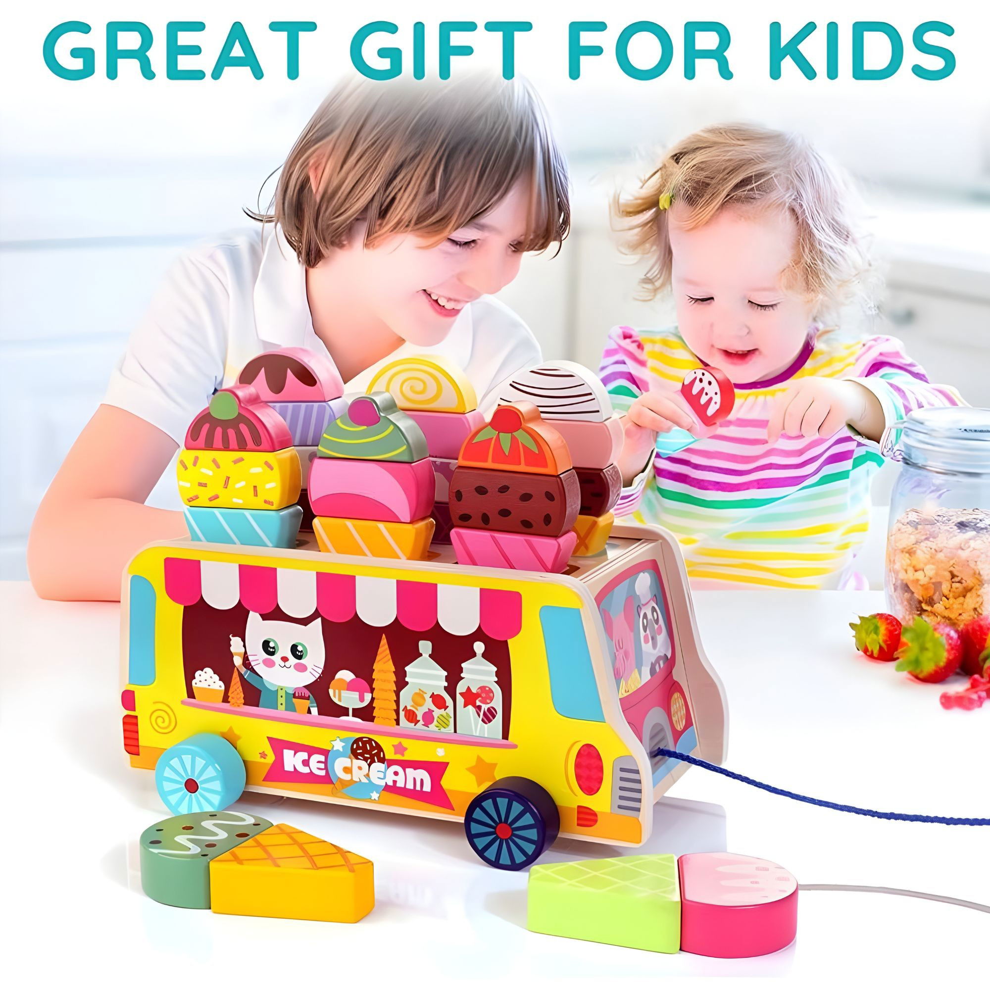 Jucarie Educativa Montessori, Flippy, Model Camion de Inghetata, Sortator Forme, 22 x 11 x 12 cm, 3+ ani, Multicolor [7]