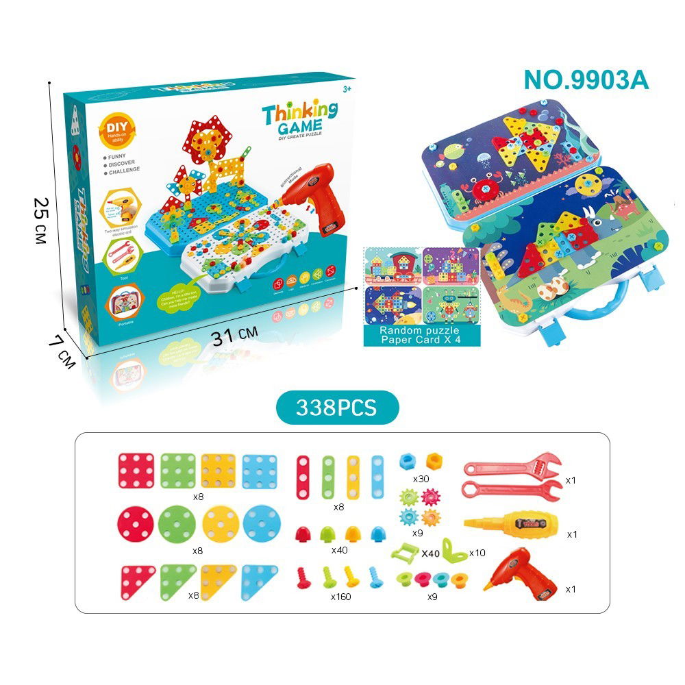 50 - 100 LEI - Jucarie Educativa Si Interactiva, Flippy, Set De Constructie Puzzle Din ABS Cu Bormasina Pentru Dezvoltatea Creativitatii Si A Indemanarii 2D si 3D, Valiza, +3, 31x7x25 cm, 338 Piese