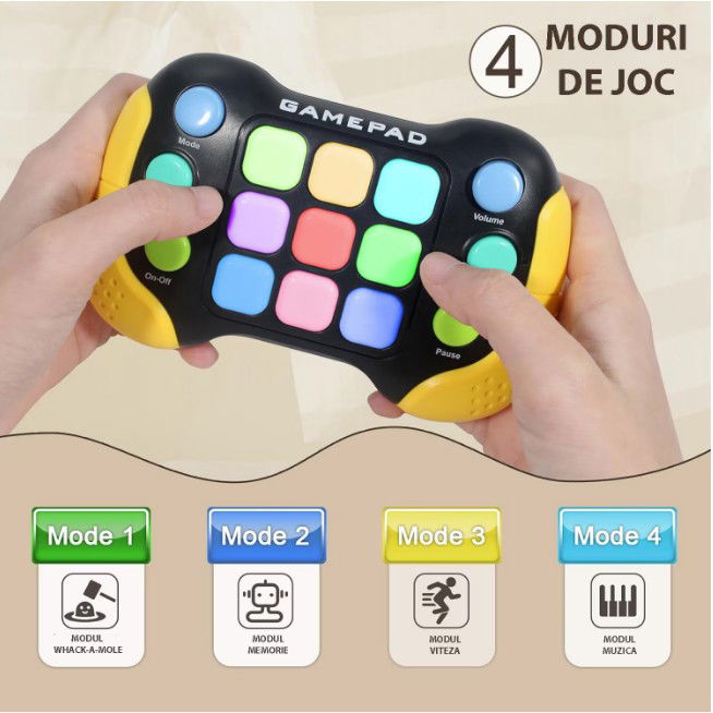 Jucarie Interactiva Flippy, Tip Consola Pop It, 6 butoane functionale, 5 Moduri de Joc, 600 Niveluri, + 3 ani, Galben/Negru [11]