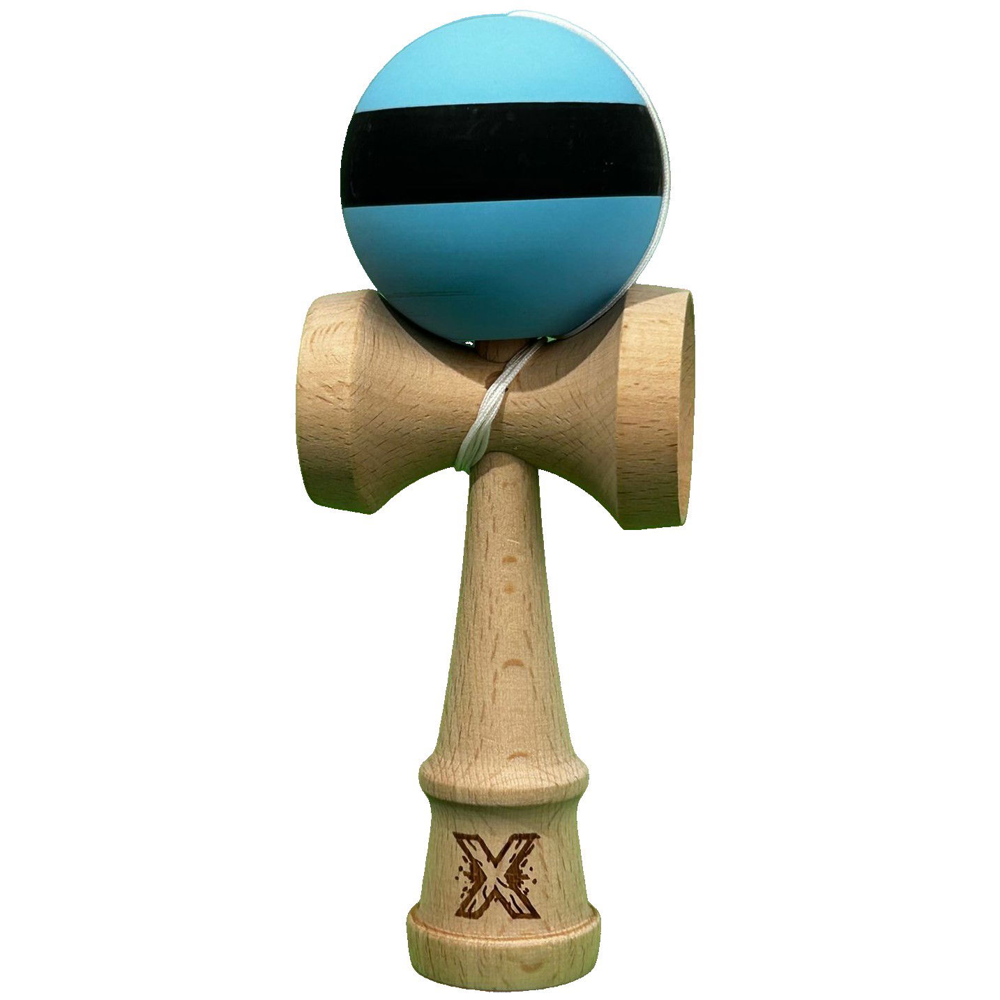 Kendama Rubber Grip - Kendama X Originala, Profesionala, Flippy, din Lemn, 18 cm, Rubber Grip, Dungi Albastru/Negru
