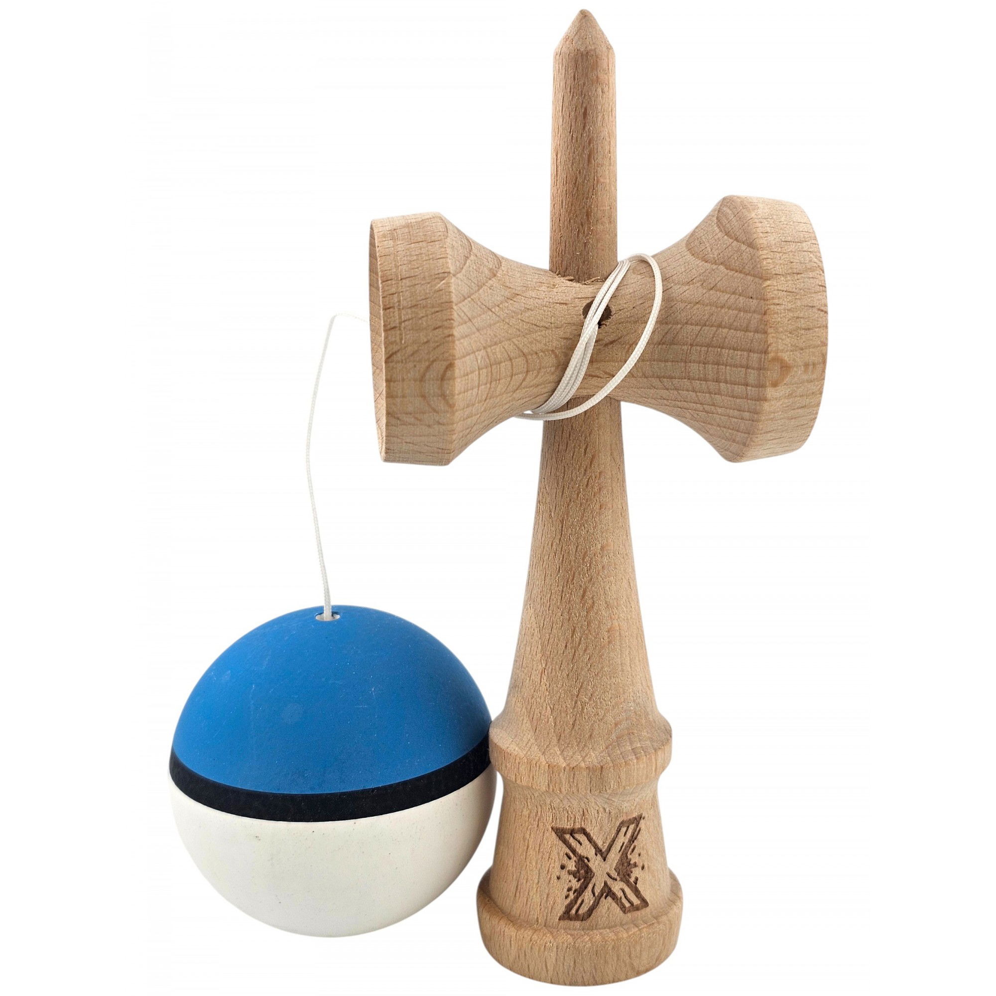 Kendama X Originala, Profesionala, Flippy, din Lemn, 18 cm, Rubber Grip, Albastru/Alb [4]