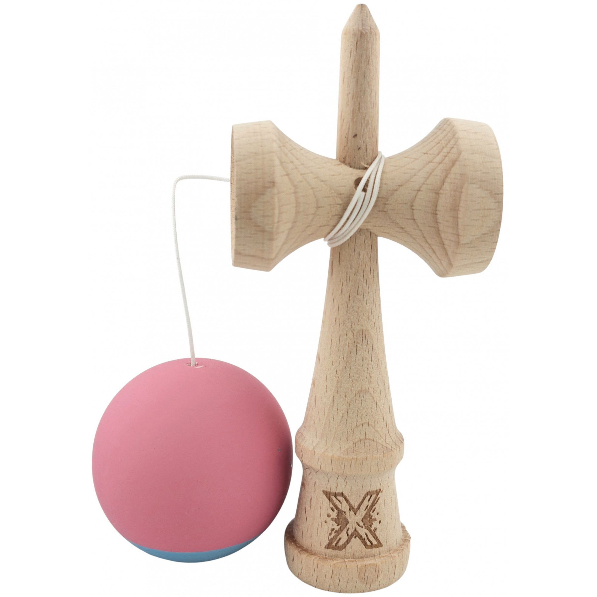 Kendama X Originala, Profesionala, Flippy, din Lemn, 18 cm, Rubber Grip, Roz/Gri [4]