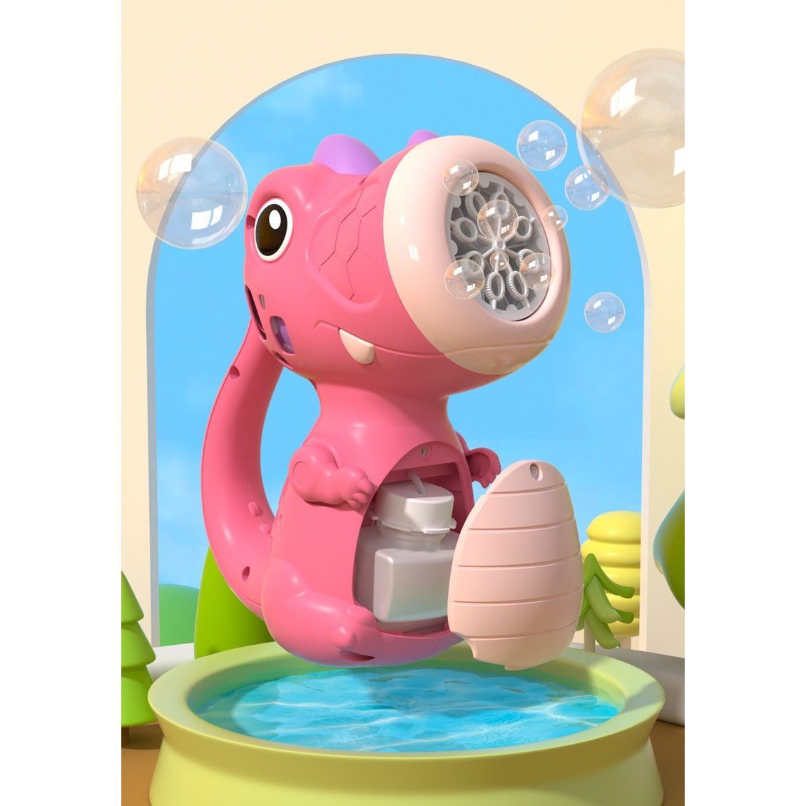 Jucarie Interactiva pentru Baloane de Sapun, Flippy, Sunete si Lumini, Model Dinozaur, cu 8 Orificii, 15 x 8.5 x 18.5, Roz [5]