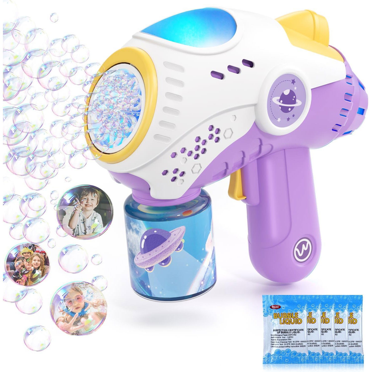 Jucarie Interactiva pentru Baloane de Sapun, Flippy, Sunete si Lumini, Model Pistol, cu 8 Orificii, 19 x 8.8 x 16.3 cm, Mov [5]