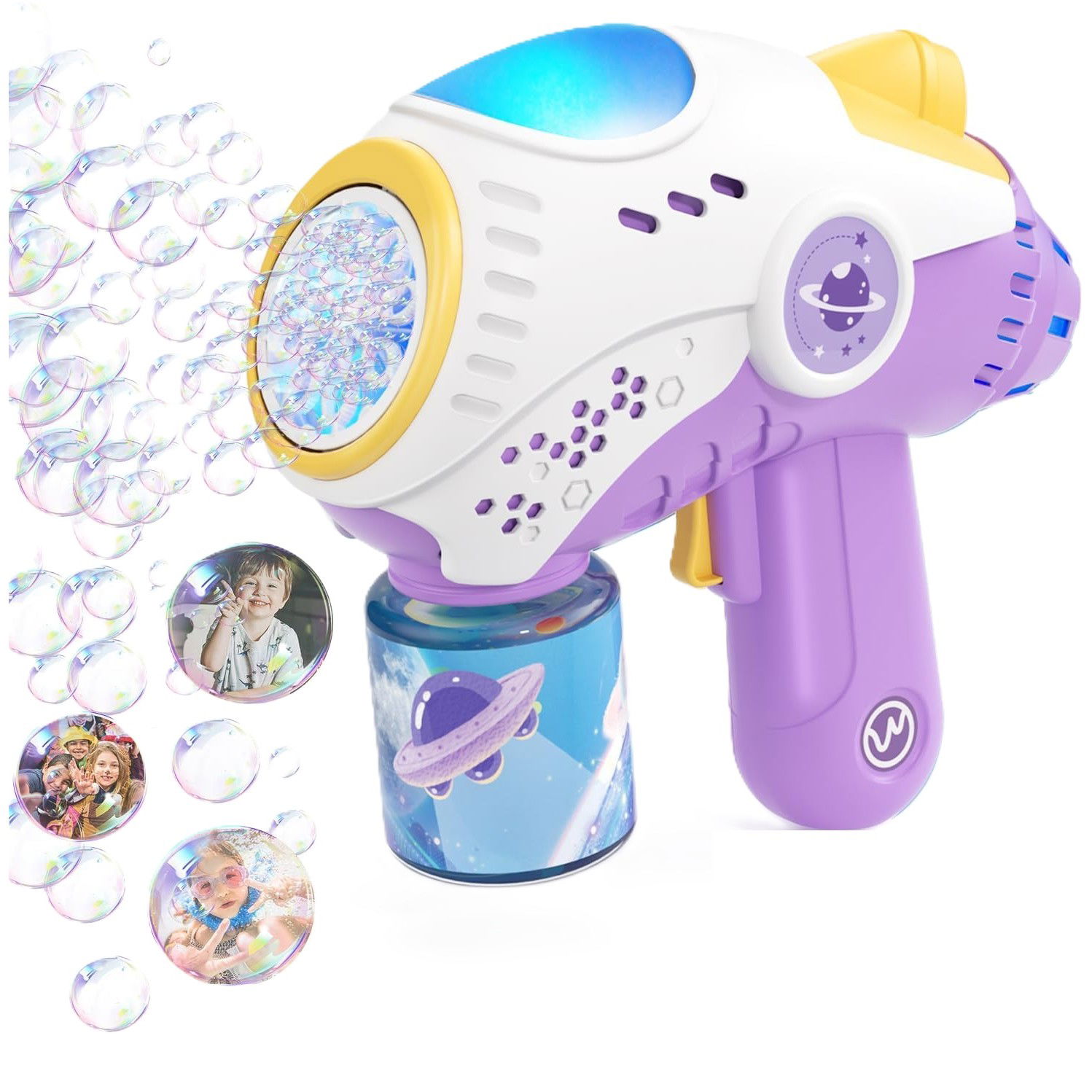 Jucarii si Jocuri - Jucarie Interactiva pentru Baloane de Sapun, Flippy, Sunete si Lumini, Model Pistol, cu 8 Orificii, 19 x 8.8 x 16.3 cm, Mov