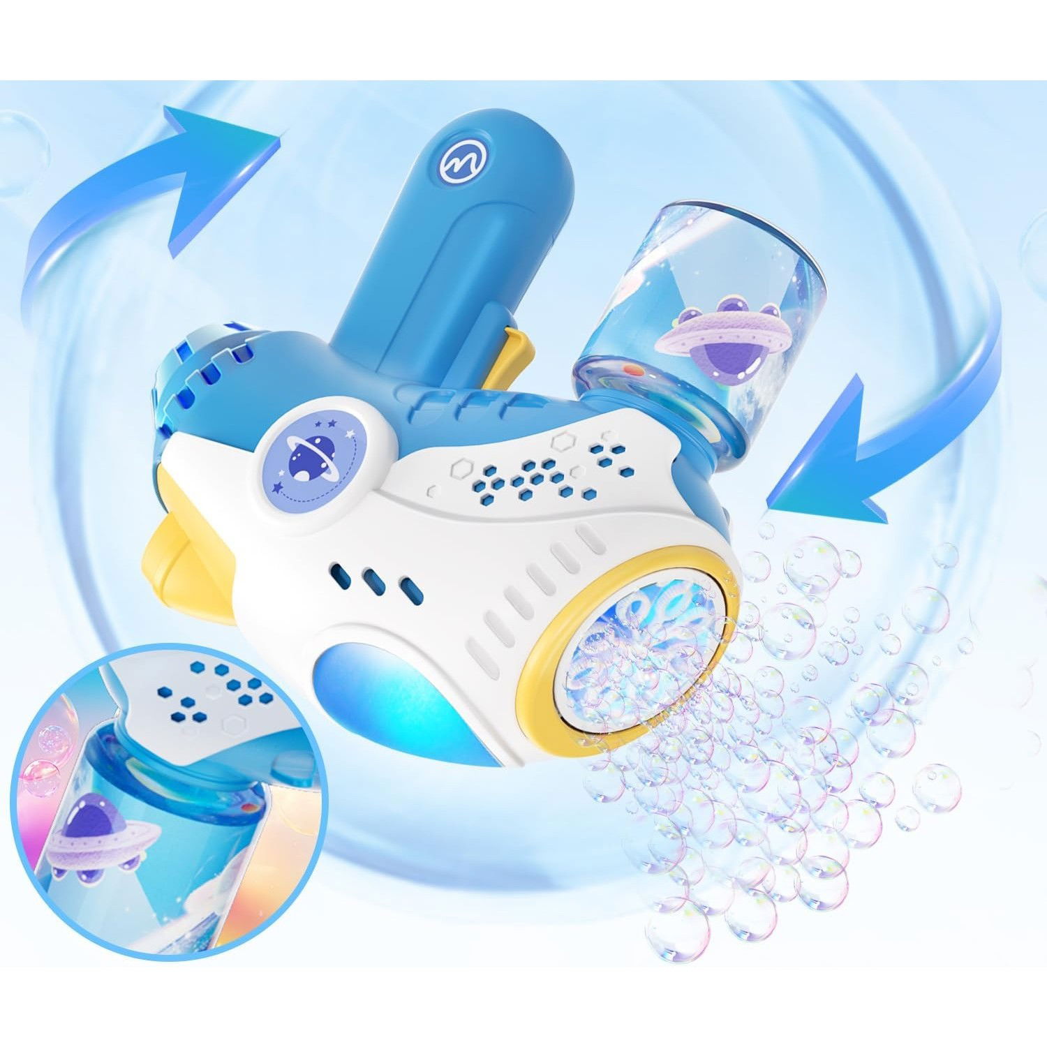 Jucarie Interactiva pentru Baloane de Sapun, Flippy, Sunete si Lumini, Model Pistol, cu 8 Orificii, 20.6 x 9.4 x 21 cm, Albastru [4]