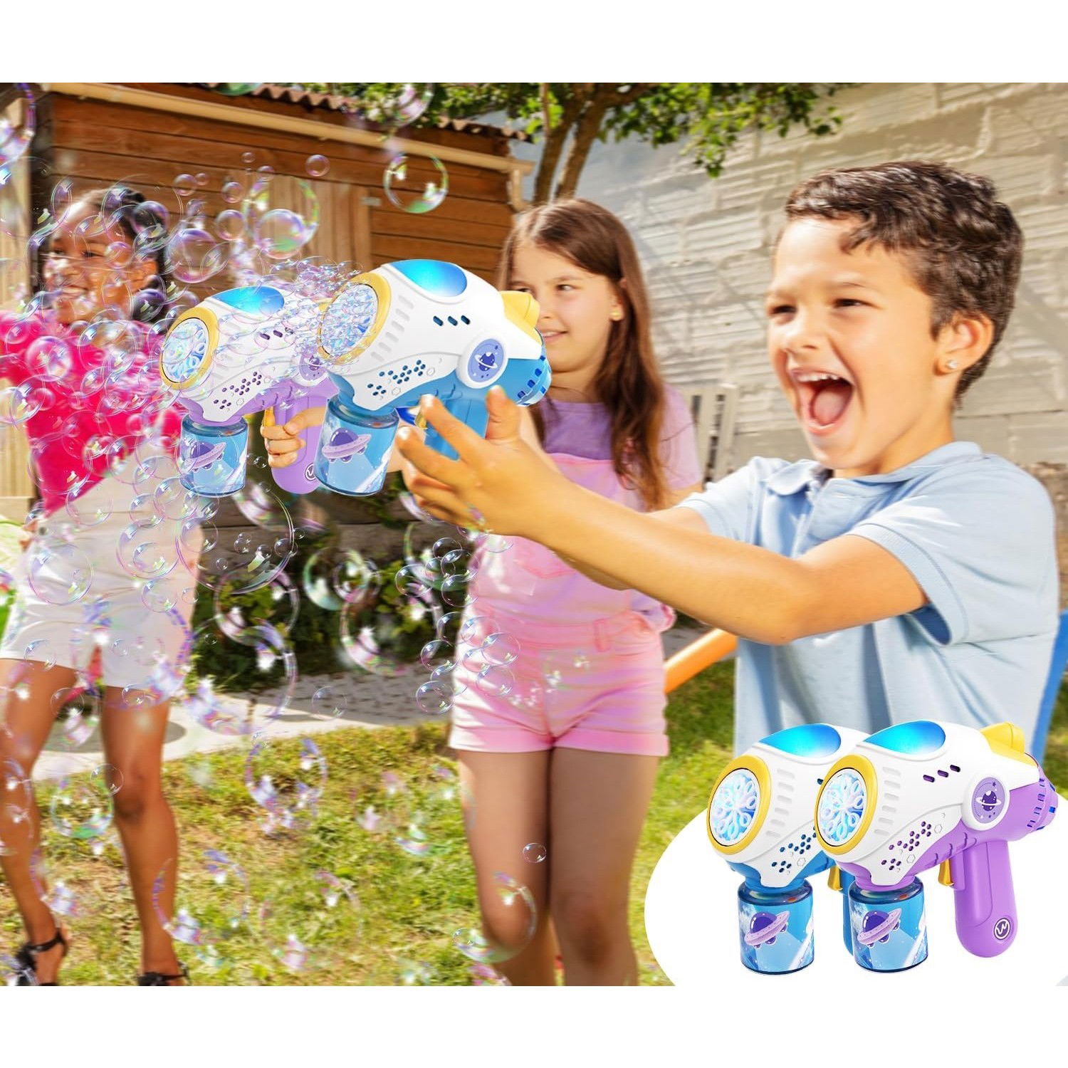 Jucarii si Jocuri - Jucarie Interactiva pentru Baloane de Sapun, Flippy, Sunete si Lumini, Model Pistol, cu 8 Orificii, 20.6 x 9.4 x 21 cm, Albastru