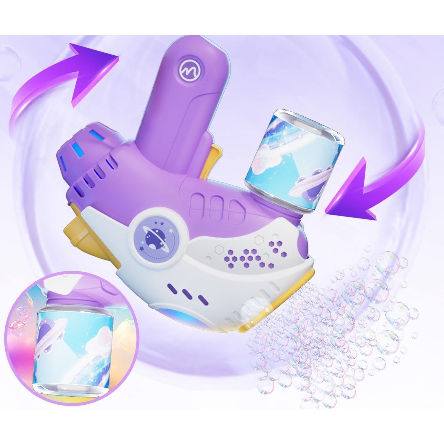 Jucarii si Jocuri - Jucarie Interactiva pentru Baloane de Sapun, Flippy, Sunete si Lumini, Model Pistol, cu 8 Orificii, 19 x 8.8 x 16.3 cm, Mov