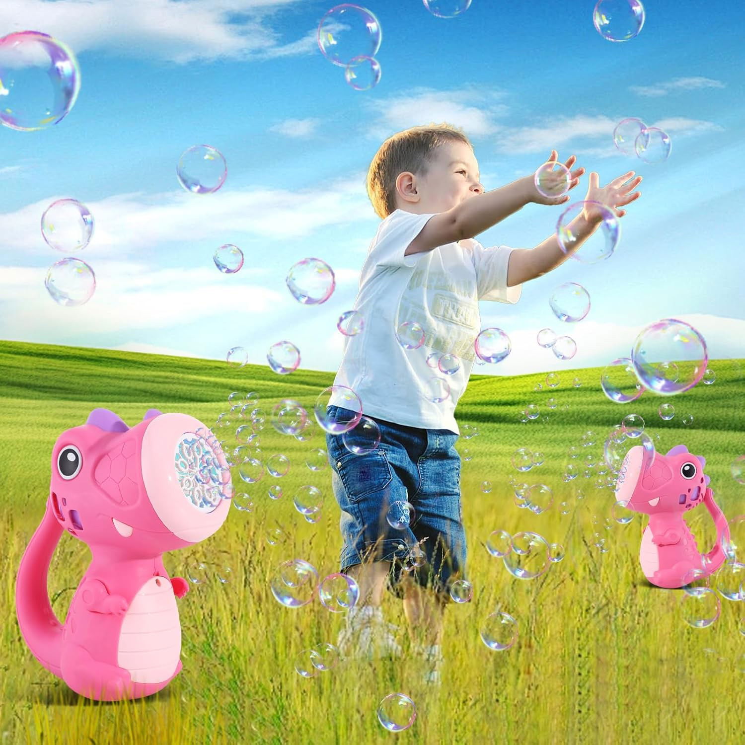 Jucarie Interactiva pentru Baloane de Sapun, Flippy, Sunete si Lumini, Model Dinozaur, cu 8 Orificii, 15 x 8.5 x 18.5, Roz [8]