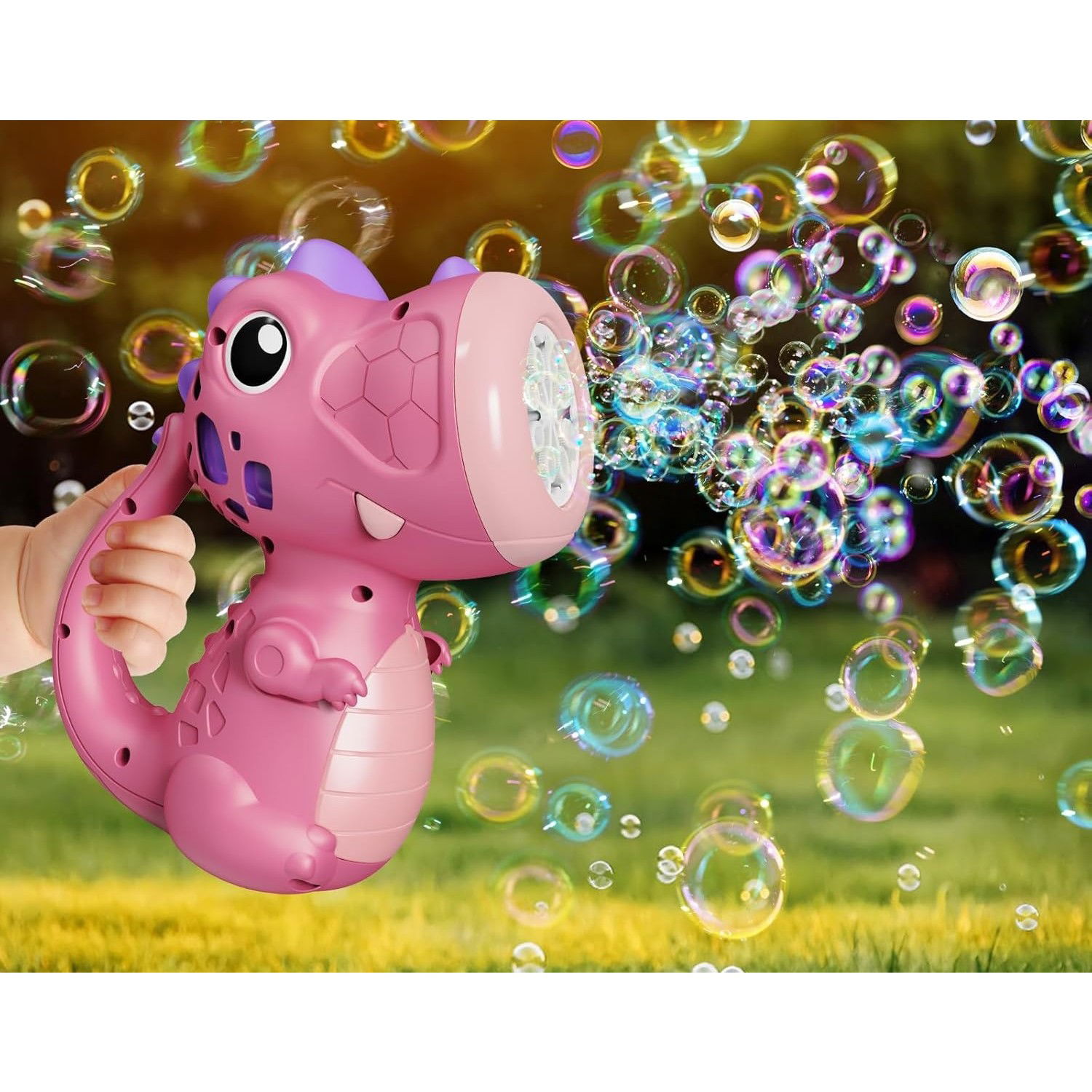 Jucarie Interactiva pentru Baloane de Sapun, Flippy, Sunete si Lumini, Model Dinozaur, cu 8 Orificii, 15 x 8.5 x 18.5, Roz [3]