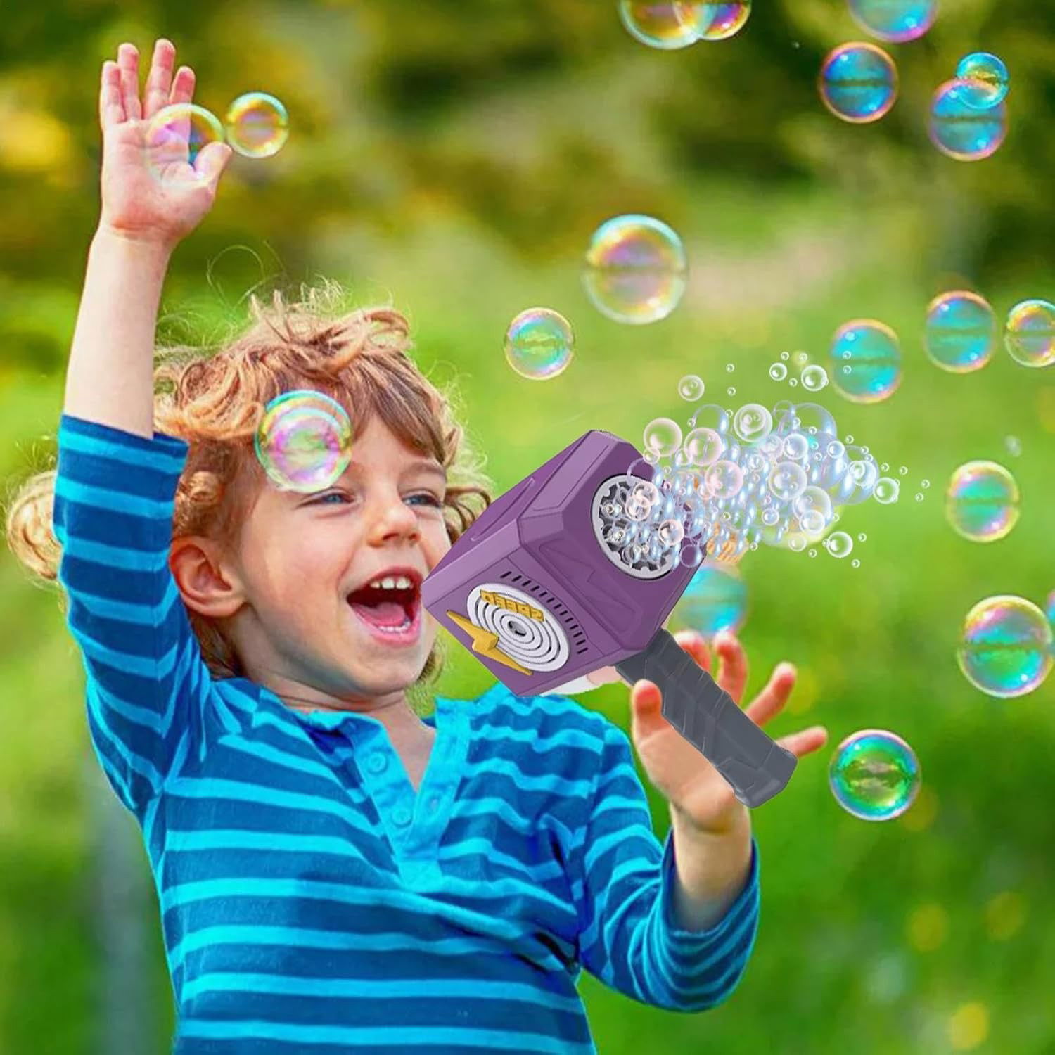 Jucarie Interactiva pentru Baloane de Sapun, Flippy, Sunete si Lumini, Model Ciocan, cu 8 Orificii, 13.5 x 10 x 12 cm, Mov [5]