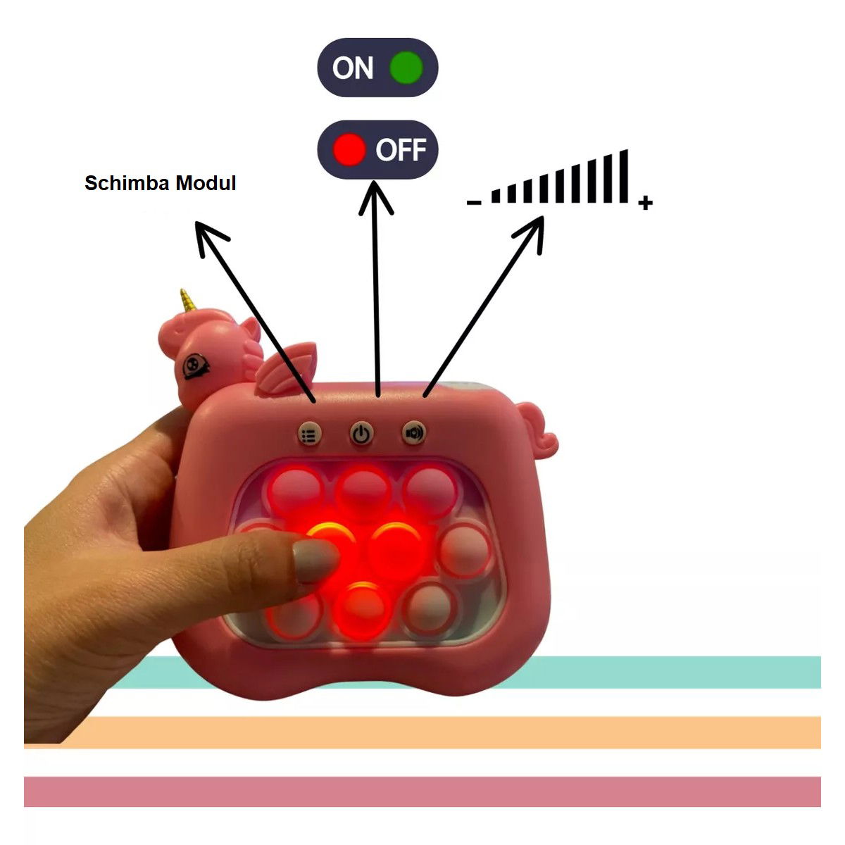 Jucarie Interactiva Pop It Whack A Mole, Flippy, Tip Consola, Anti-Stres, 4 Moduri de Joc, din ABS si Silicon, +3 Ani, Model Unicorn, Roz [7]