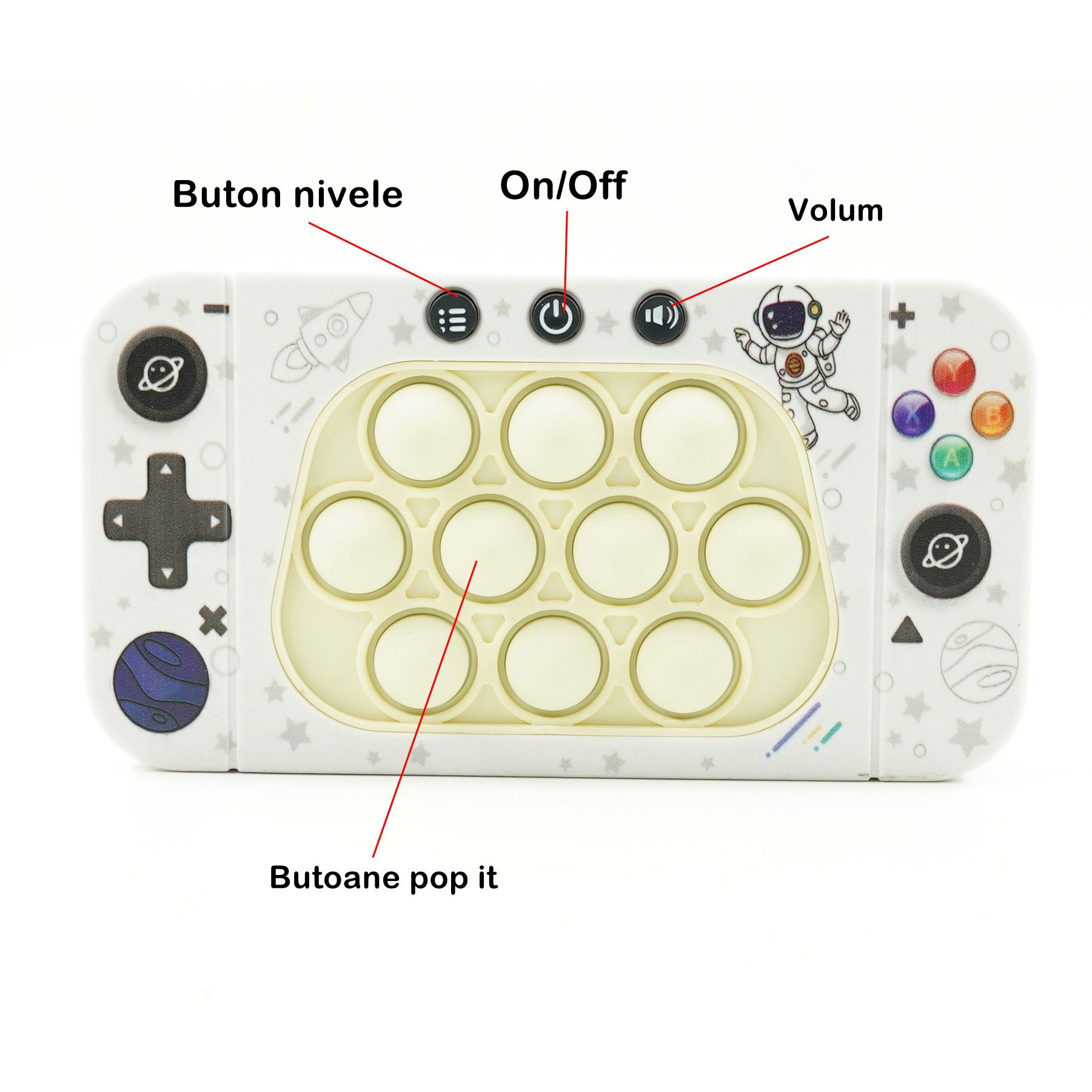 Jucarie interactiva tip consola pentru copii Flippy, speed push whack-a-mole, joc de viteza pop it, material ABS/silicon, cu nivele, sunete si lumini, 15.5 x 7.6 x 5.3 cm, model astronaut, alb [5]