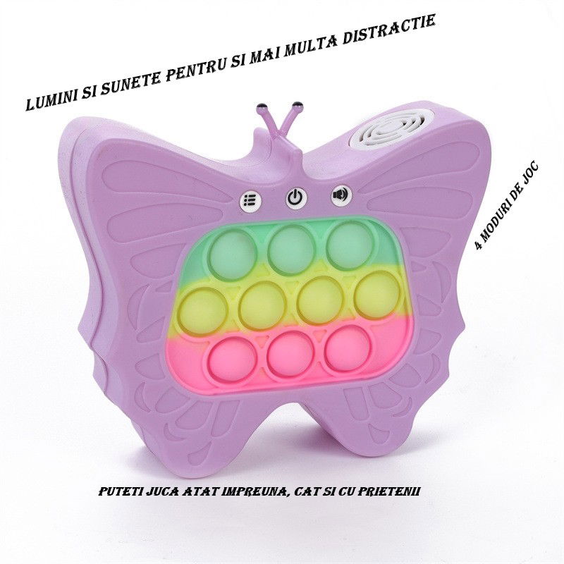 Jucarii - Jucarie Interactiva Tip Consola pentru Copii, Flippy, Diferite Moduri de Joc, 120 Nivele, Material ABS/silicon, Sunete si Lumini, 12 x 5.5 x 13.5 cm, Model Fluture, Mov