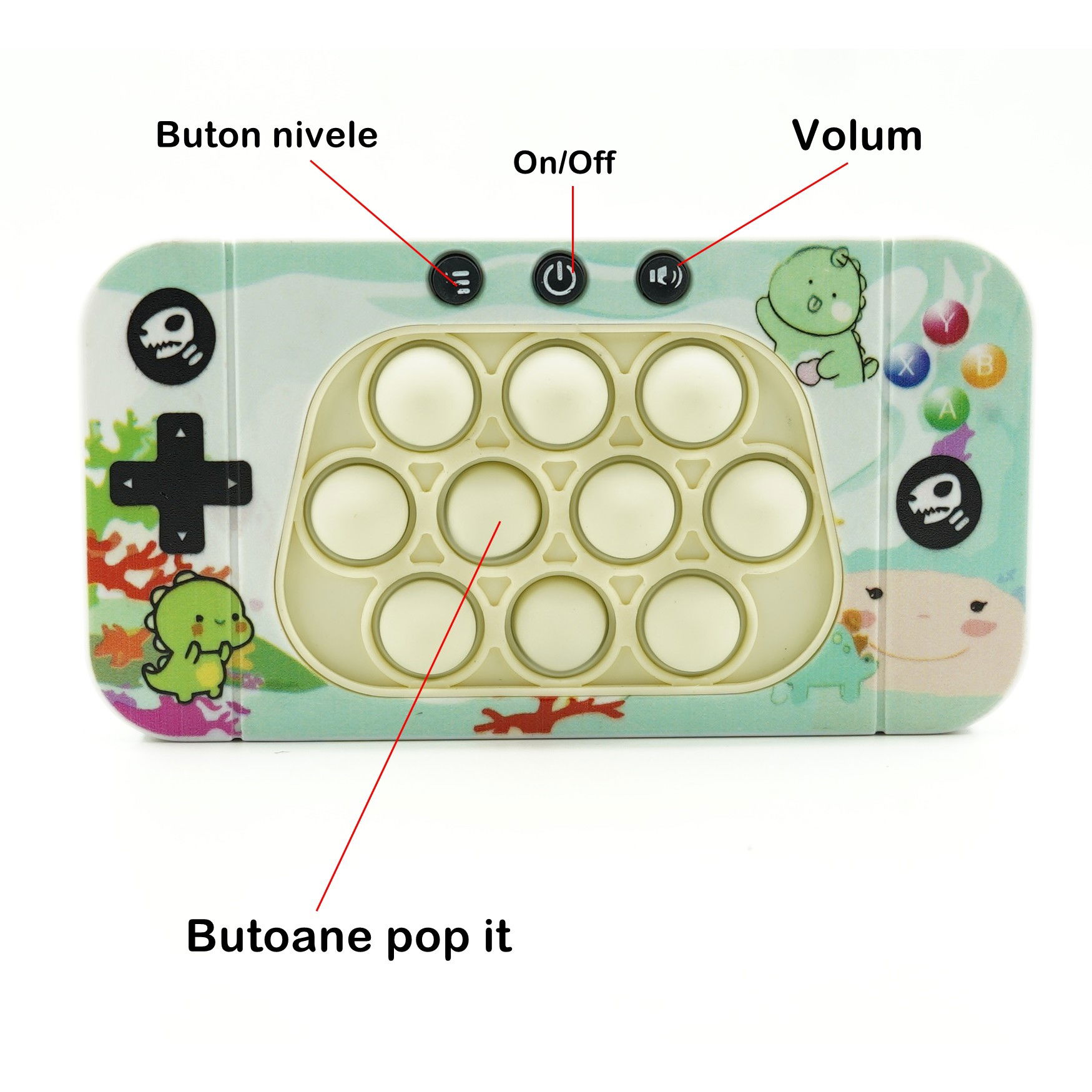 Jucarie interactiva tip consola pentru copii Flippy, speed push whack-a-mole, joc de viteza pop it, material ABS/silicon, cu nivele, sunete si lumini, 15.5 x 7.6 x 5.3 cm, model dinozaur, verde [5]