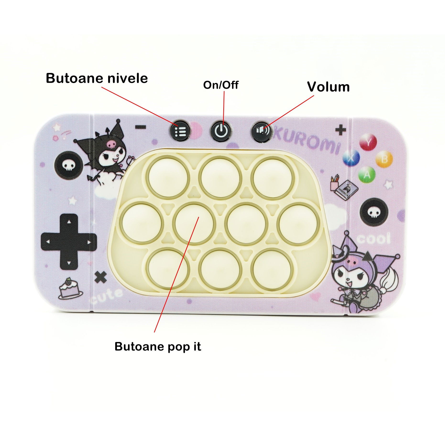 Jucarie interactiva tip consola pentru copii Flippy, speed push whack-a-mole, joc de viteza pop it, material ABS/silicon, cu nivele, sunete si lumini, 15.5 x 7.6 x 5.3 cm, model elfi, mov [6]