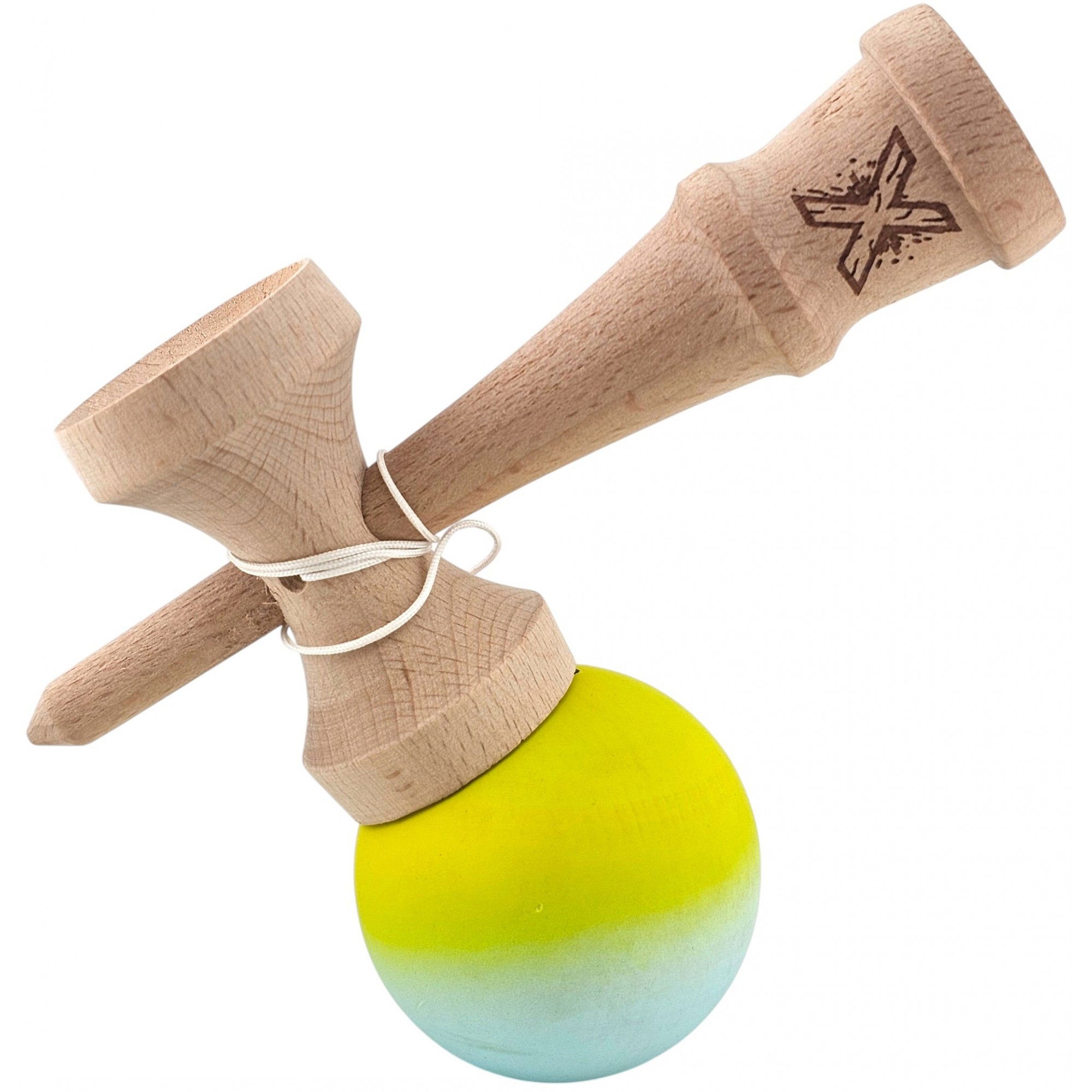 Kendama X Originala, Profesionala, Flippy, din Lemn, Rubber Grip, 18 cm, Galben Verde [3]