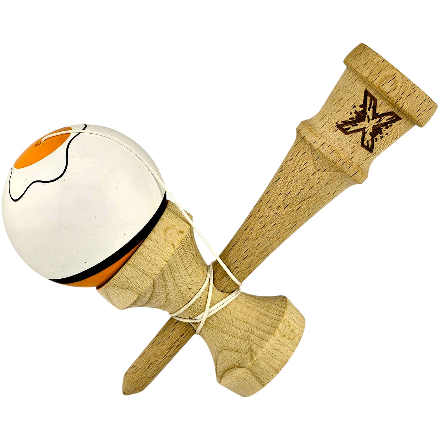 Kendama Legendary - Kendama X Originala, Profesionala, Flippy, din Lemn, Super Sticky, 18 cm, Alb/Portocaliu