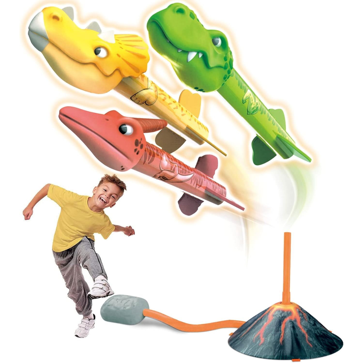 Jucarie pentru Copii, Flippy, Lansator de Rachete cu Piciorul, un Singur Lansator, 3 Rachete Donozauri cu Lumini, 30 cm Inaltime, Model Vulcan, Multicolor [4]