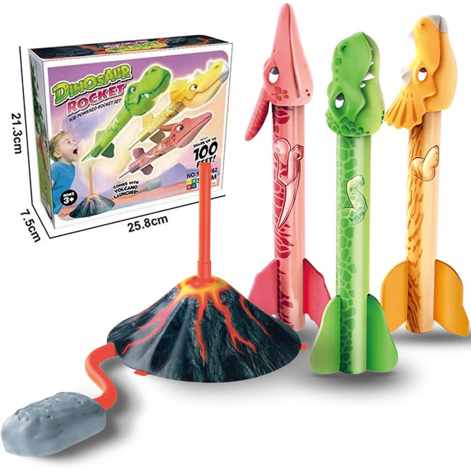 Jucarie pentru Copii, Flippy, Lansator de Rachete cu Piciorul, un Singur Lansator, 3 Rachete Donozauri cu Lumini, 30 cm Inaltime, Model Vulcan, Multicolor [3]